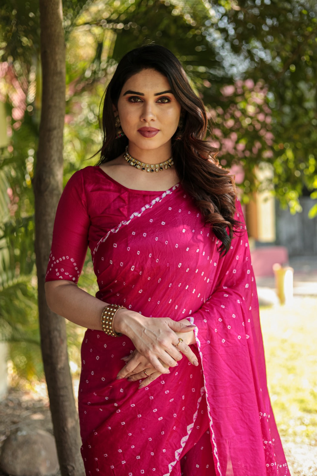 Superhit Pink Color Original Bandhej Silk Saree