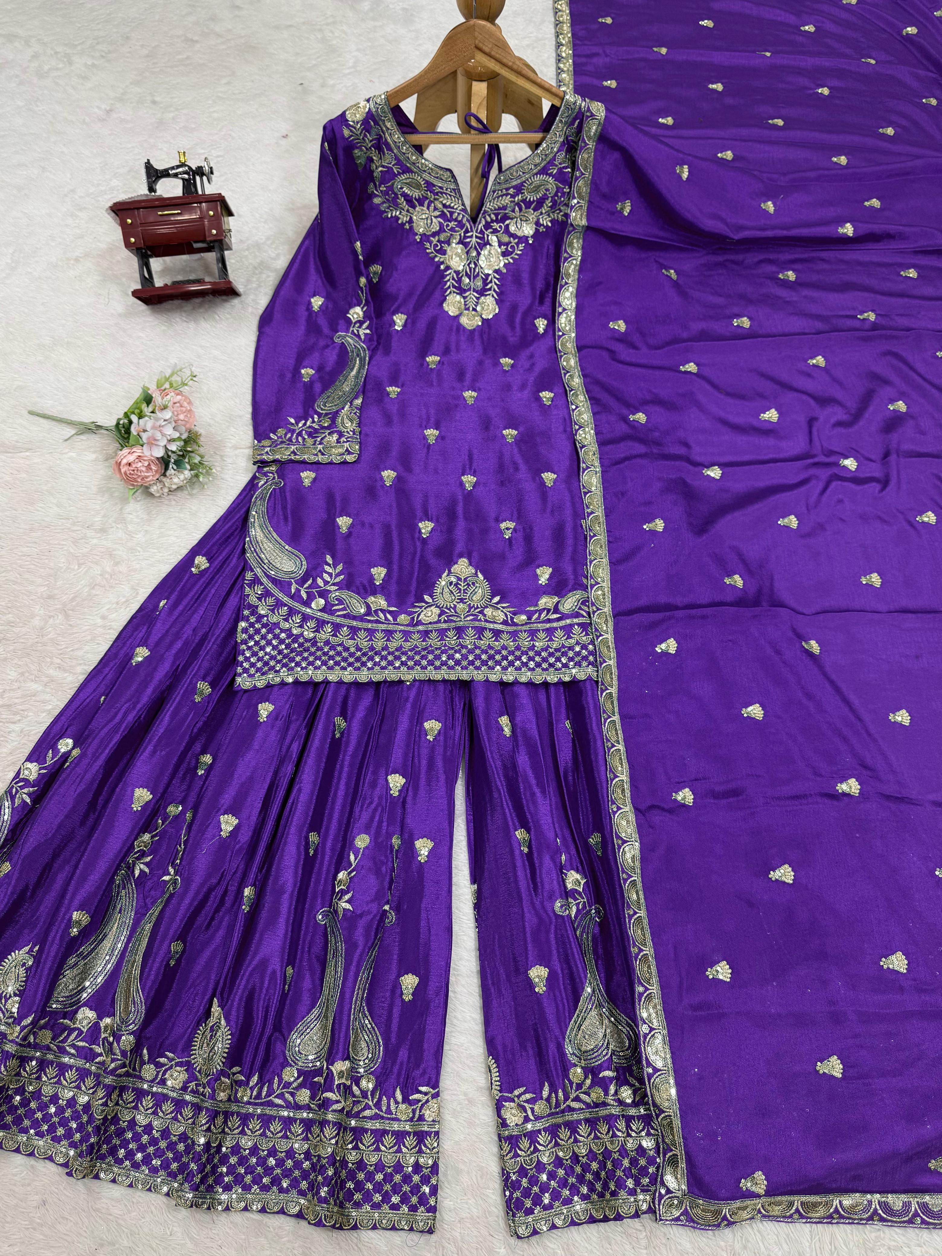 Wonderful Chinon Silk Purple Color Palazzo Suit