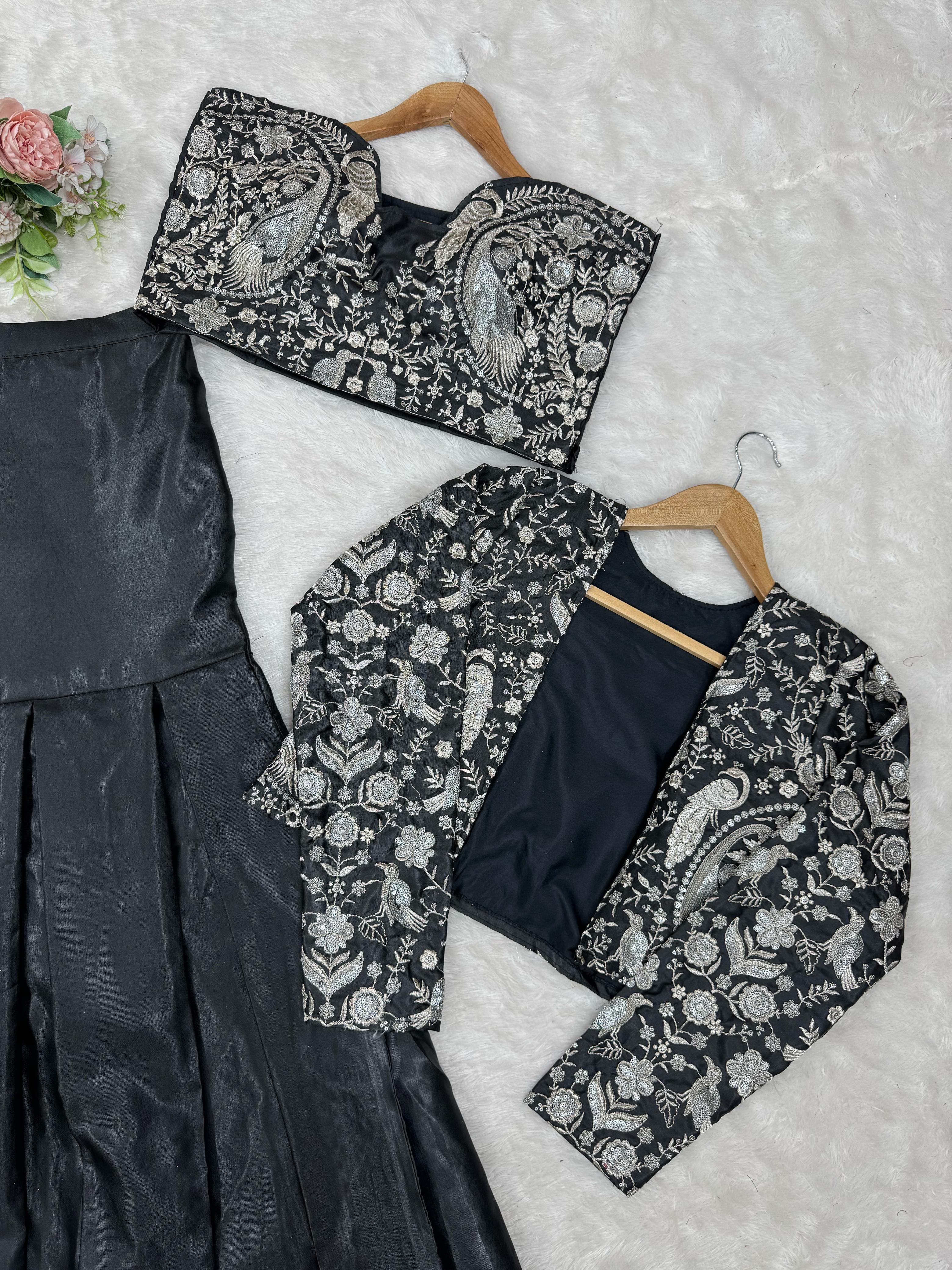 Stylish Tapeta Silk Black Color Lehenga Choli With Koti