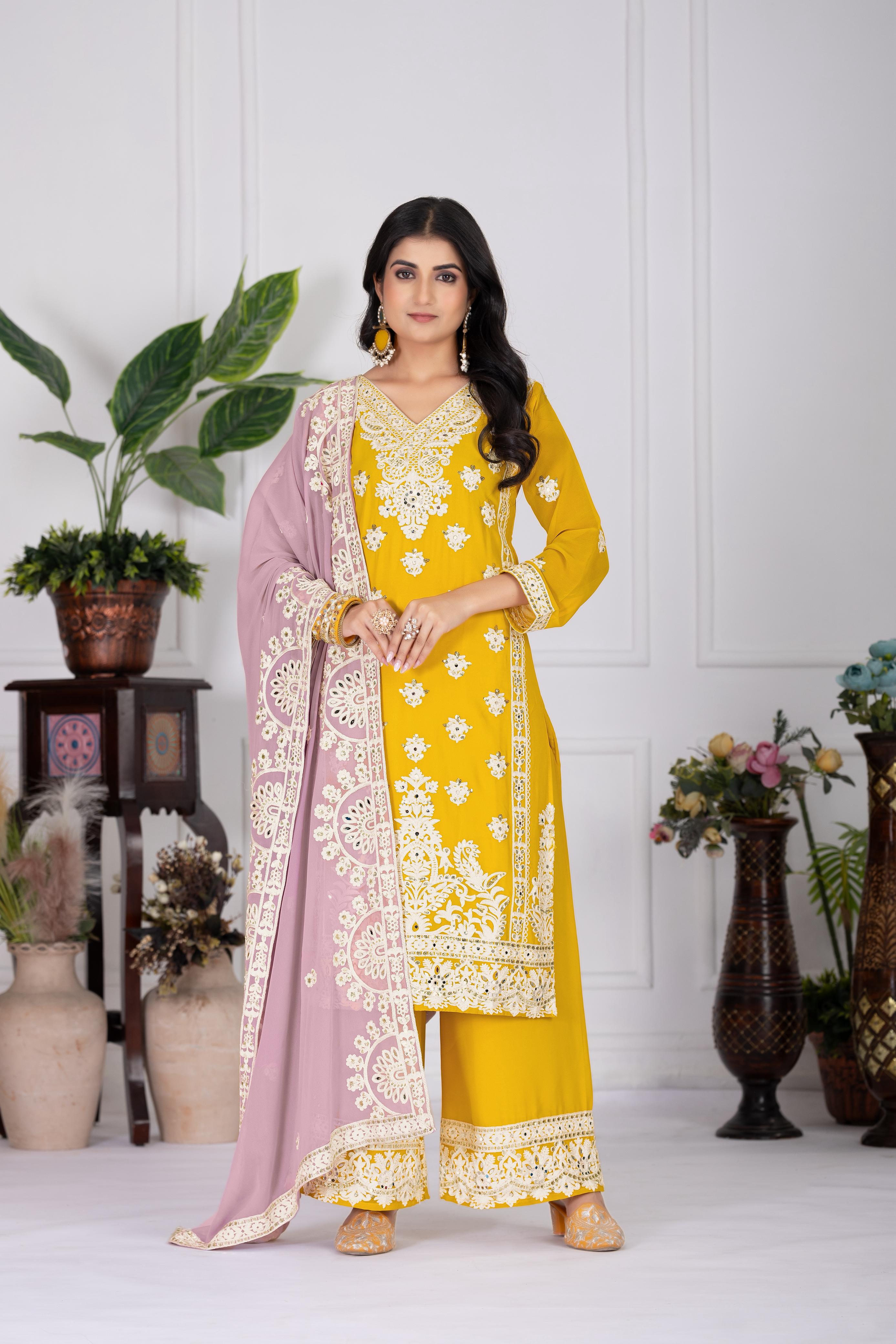 Embroidered Yellow Color Attractive Palazzo Suit Set