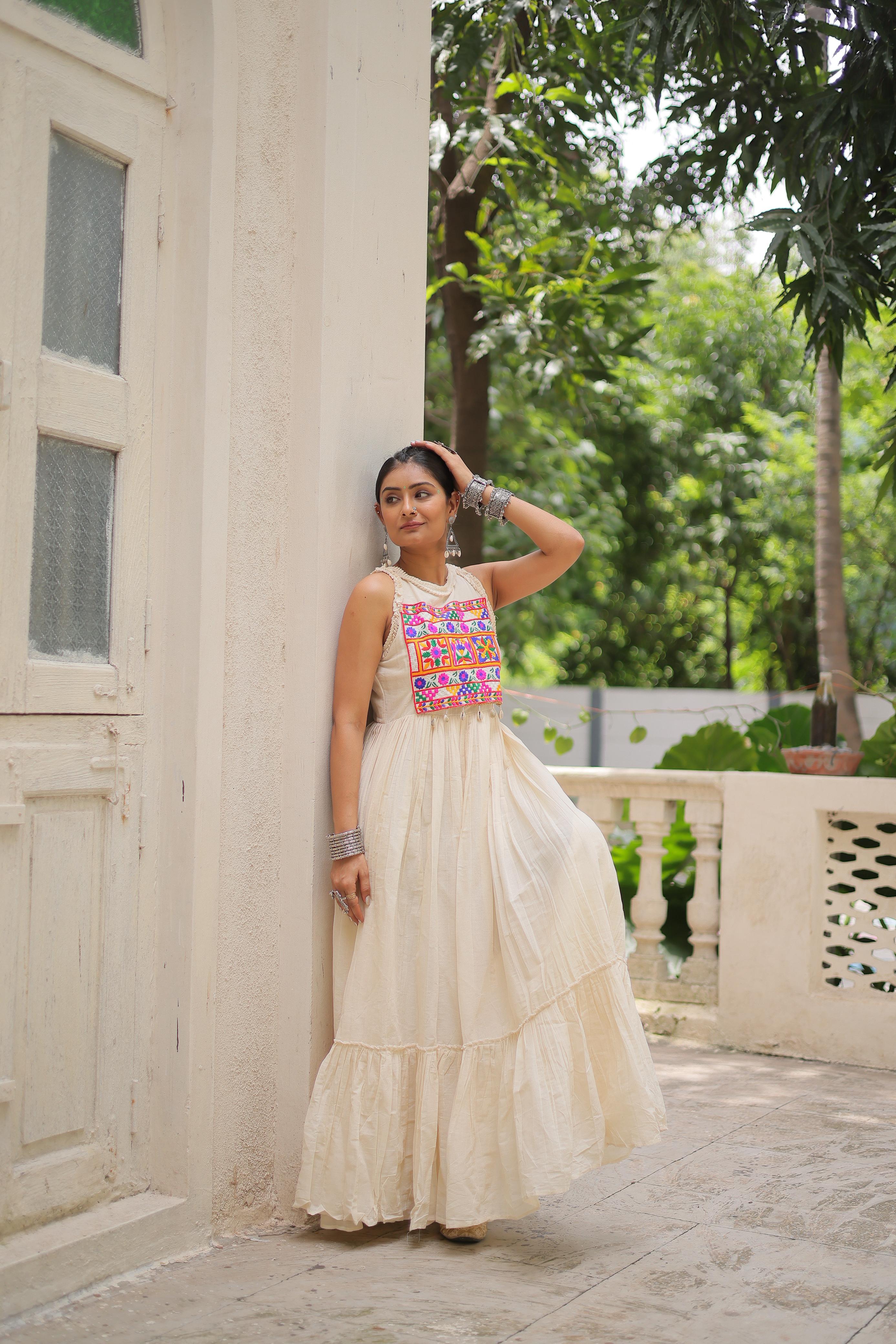 Stylish Off-White Cotton Embroidered Gown
