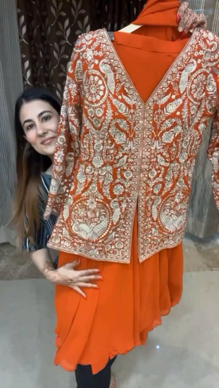Designer Chinon Embroidery Work Orange Color Sharara Suit