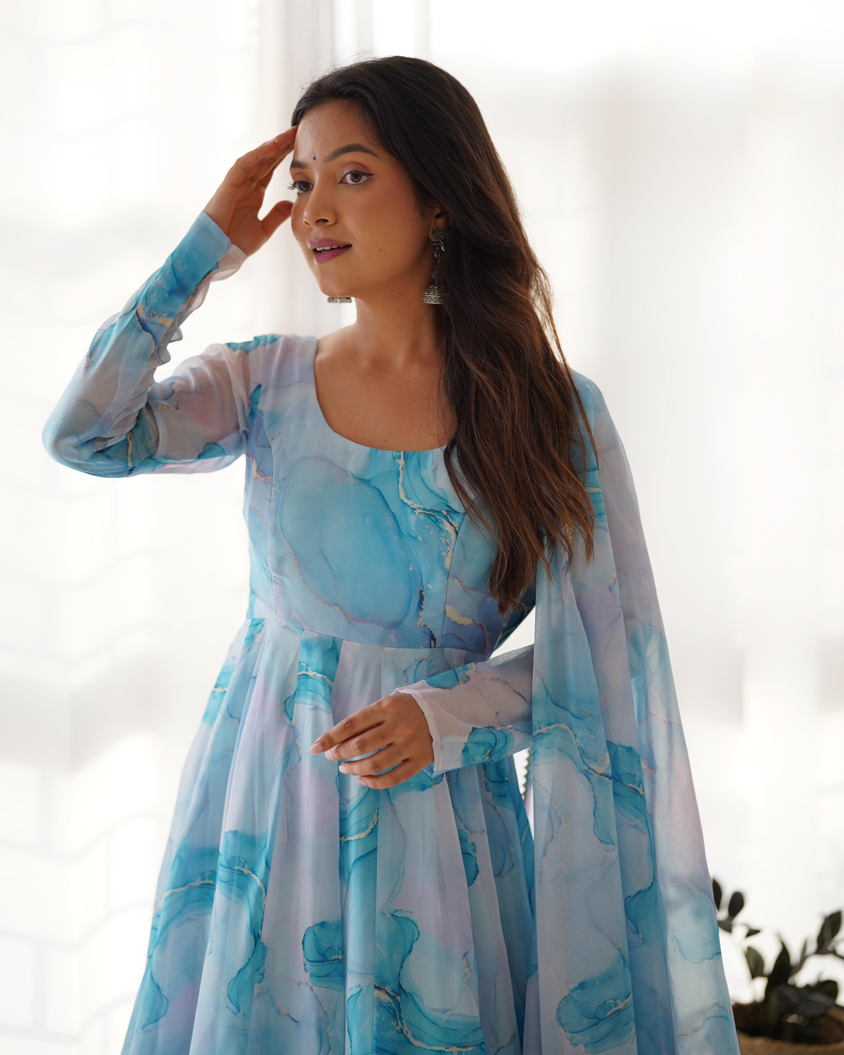 Marble Print Organza Silk Sky Blue Anarkali Suit