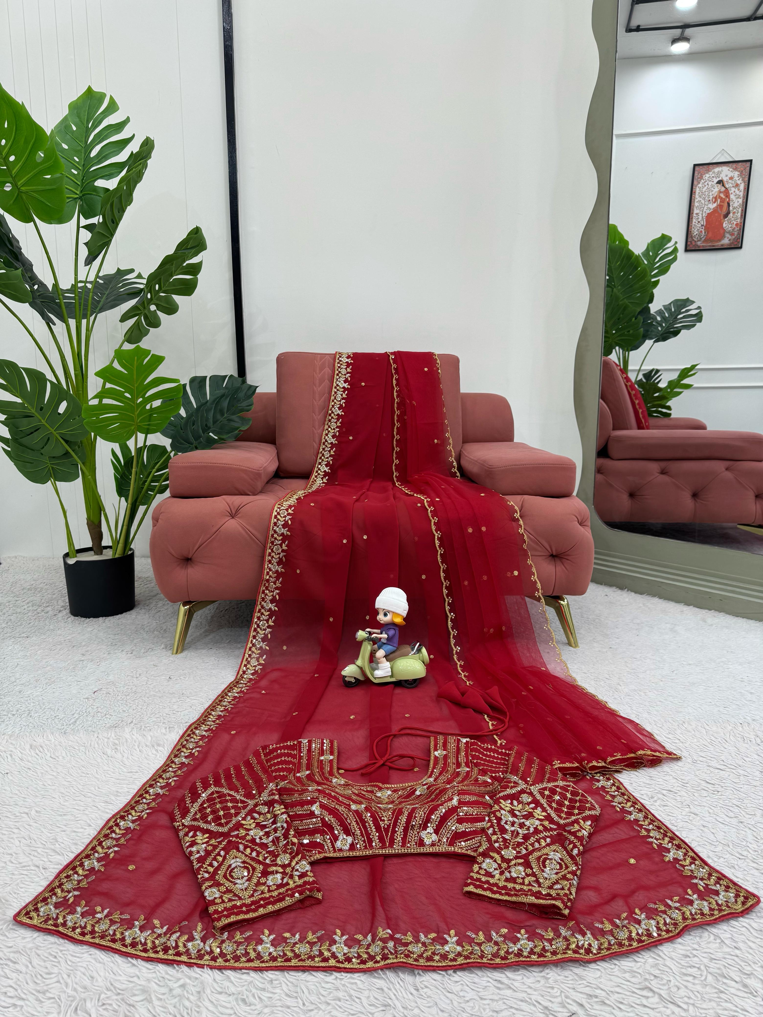 Awesome Heavy Work Red Color Saree