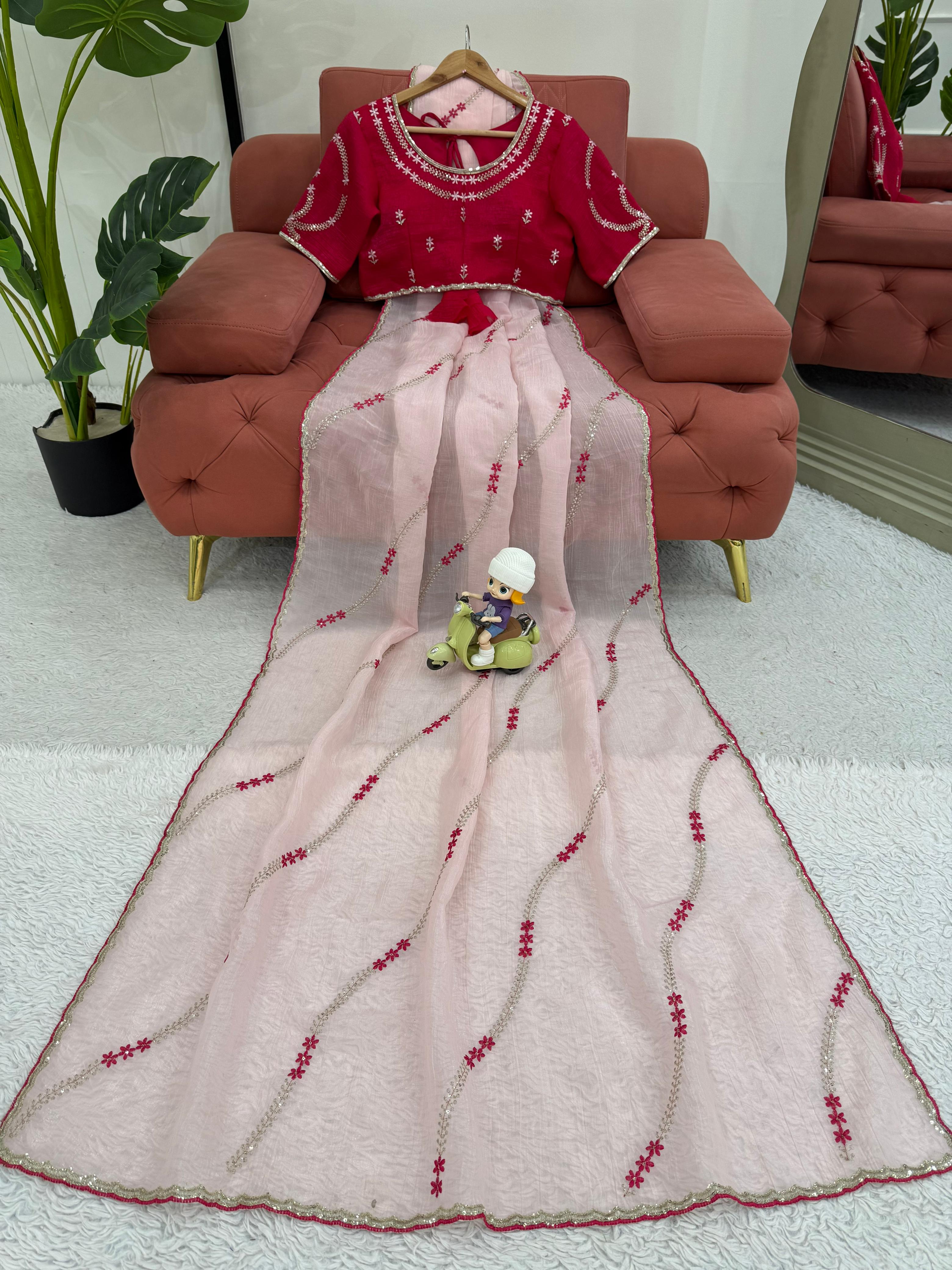Thread With Sequence Work Light Pink Silk Saree
