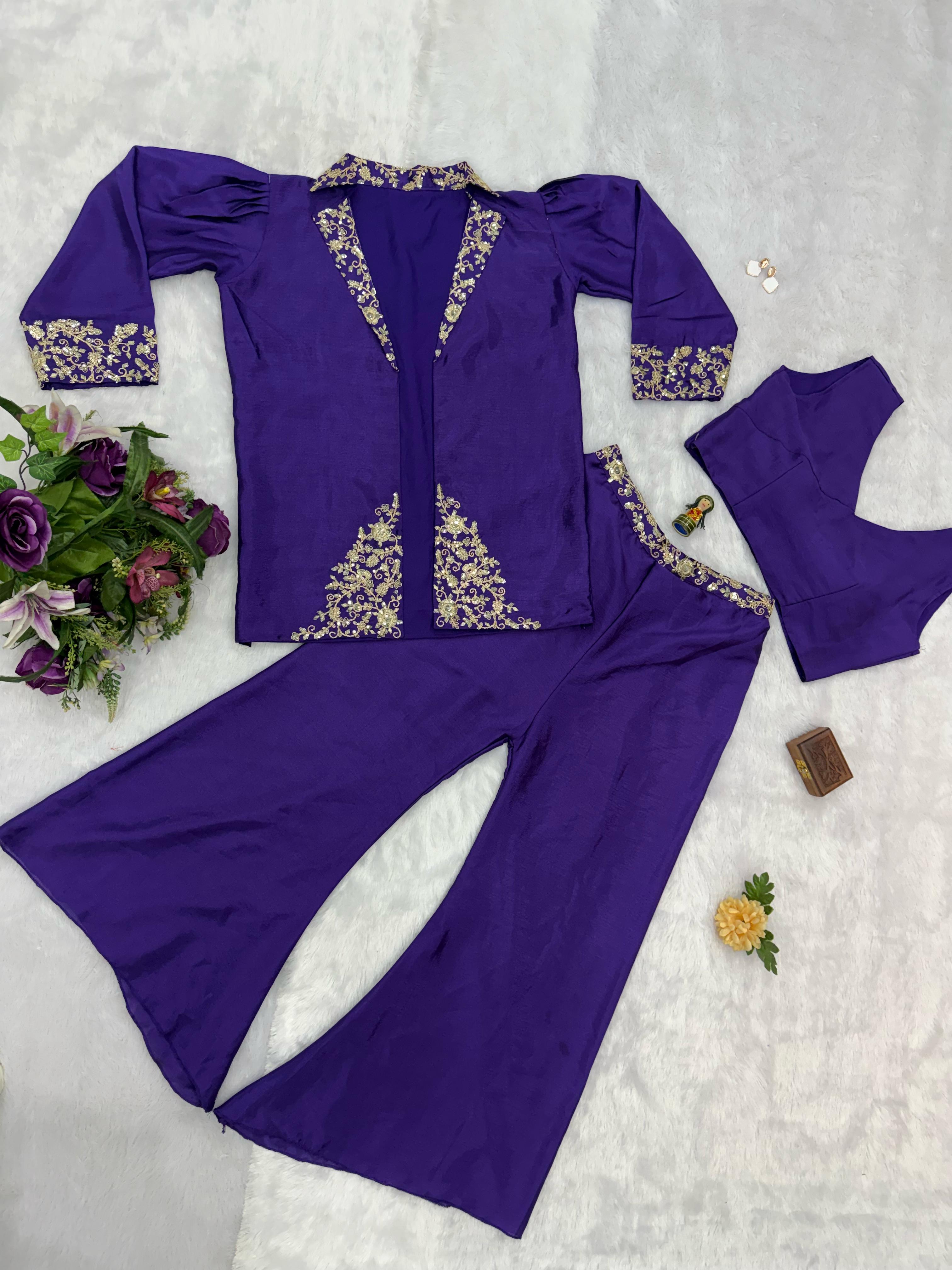 Classy Chinon Purple Color Embroidery Work Palazzo Suit With Koti