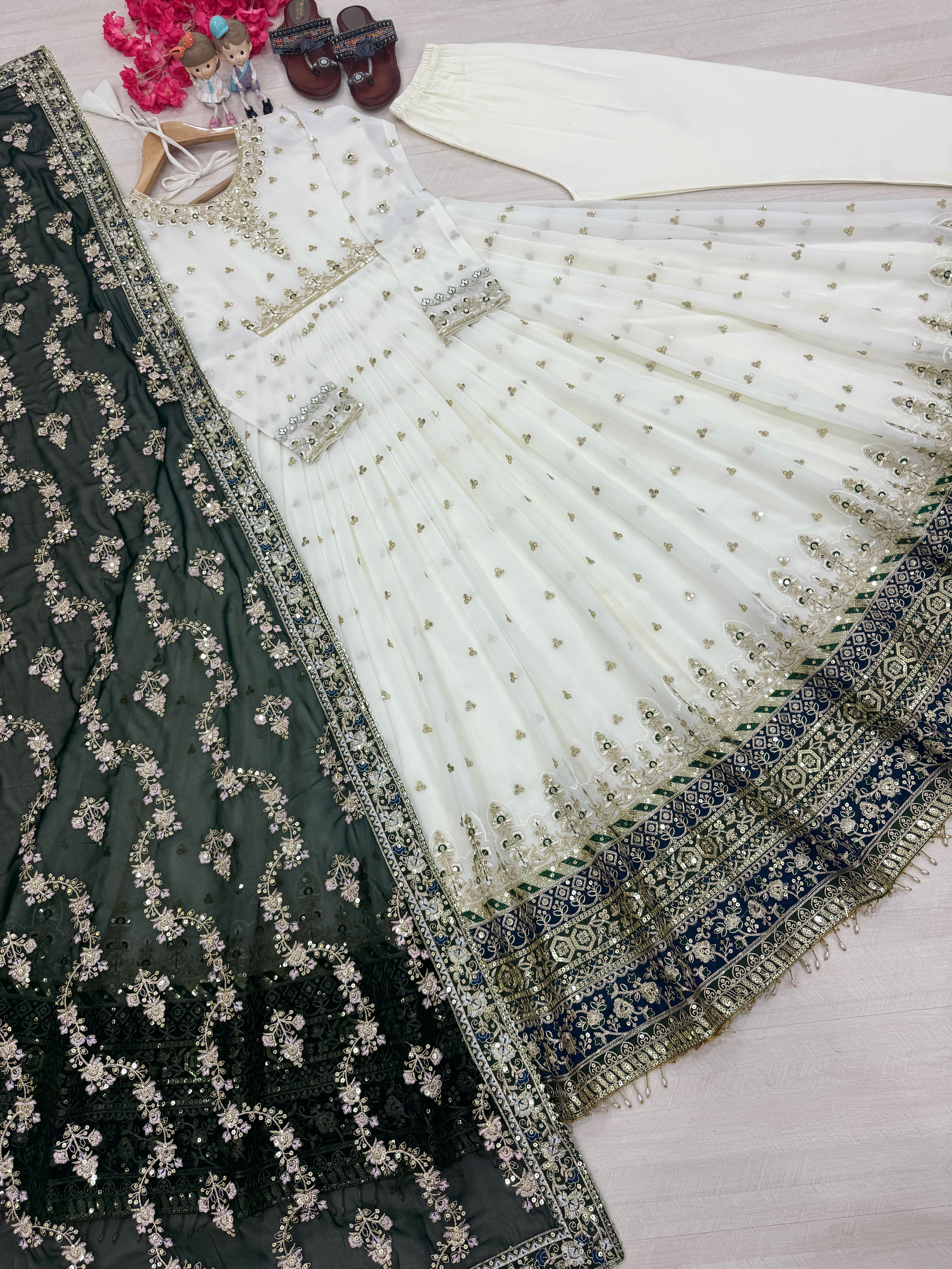 Glorious Georgette White Color Gown With Green Dupatta