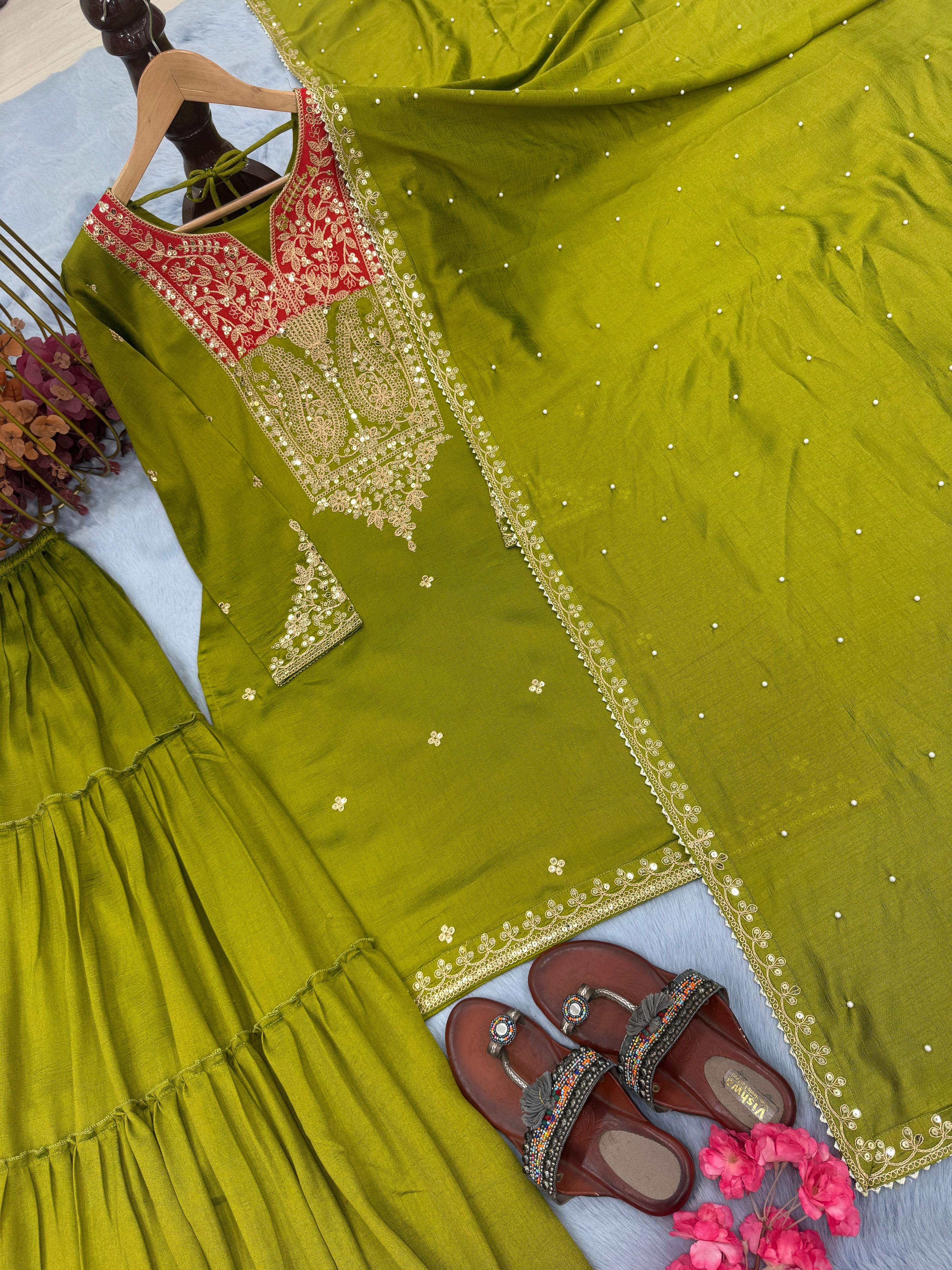 Opulent Vichitra 5mm Sequence Work Perrot Green Color Sharara Suit