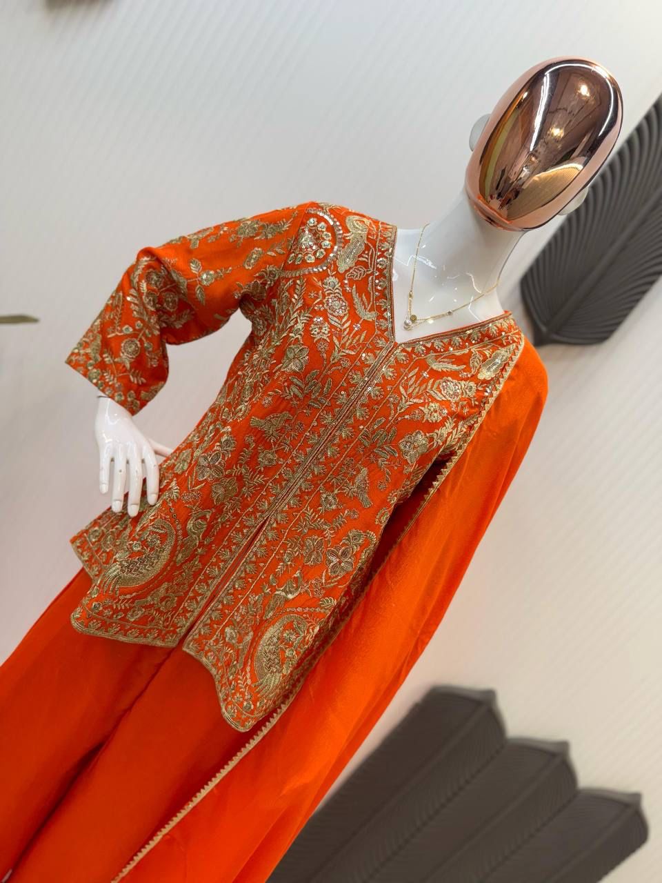 Designer Chinon Embroidery Work Orange Color Sharara Suit