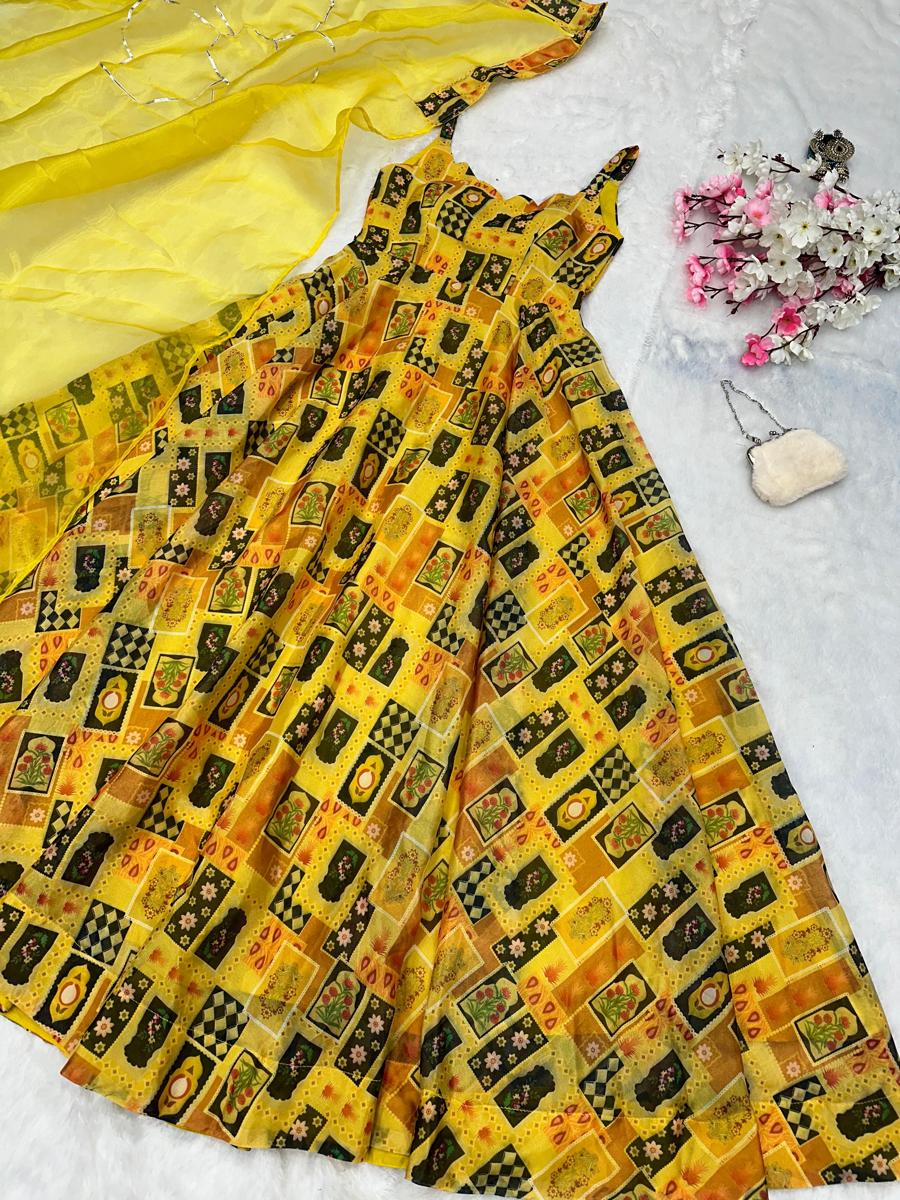 Beautiful Organza Silk Digital Print Yellow Color Anarkali Gown