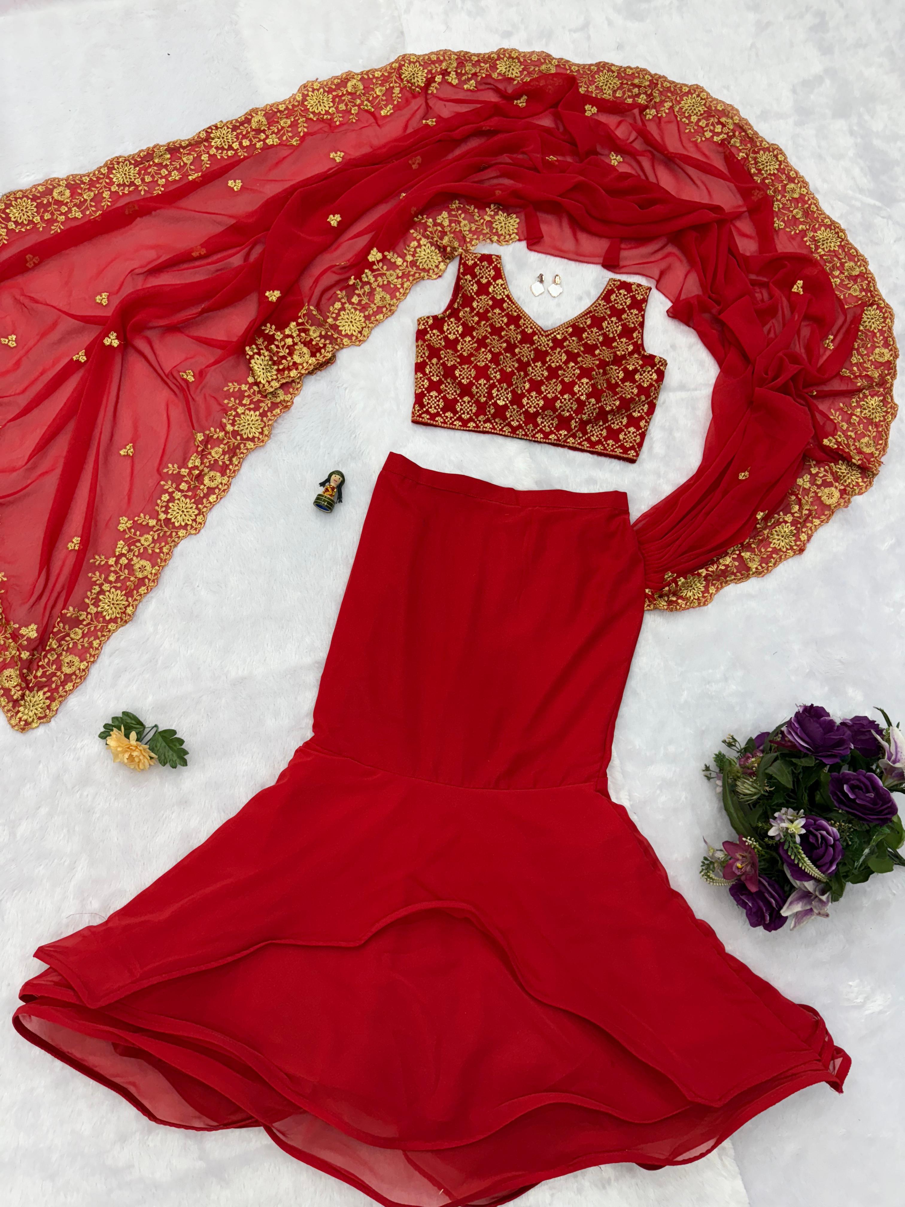 Marriage Special Faux Georgette Red Color Lehenga Saree