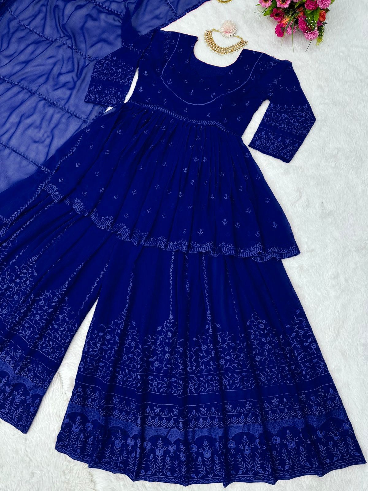 Stunning Fully Embroidery Work Blue Color Sharara Suit