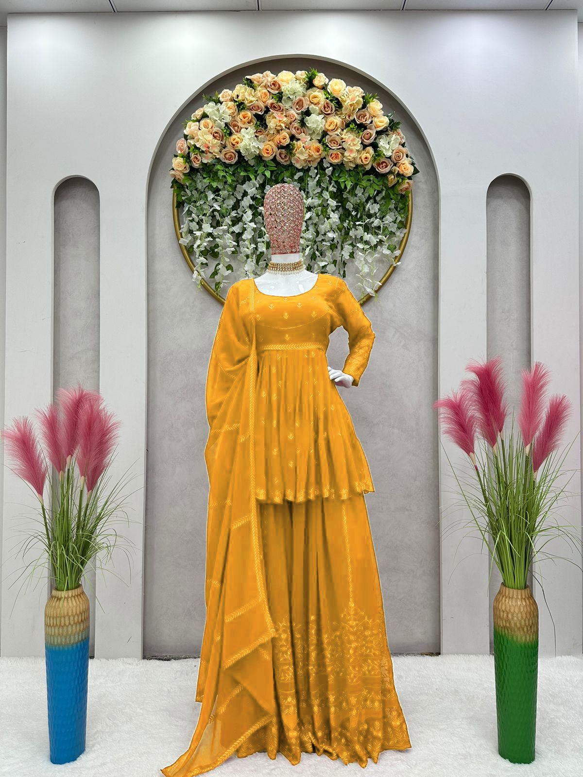 Stunning Fully Embroidery Work Yellow Color Sharara Suit