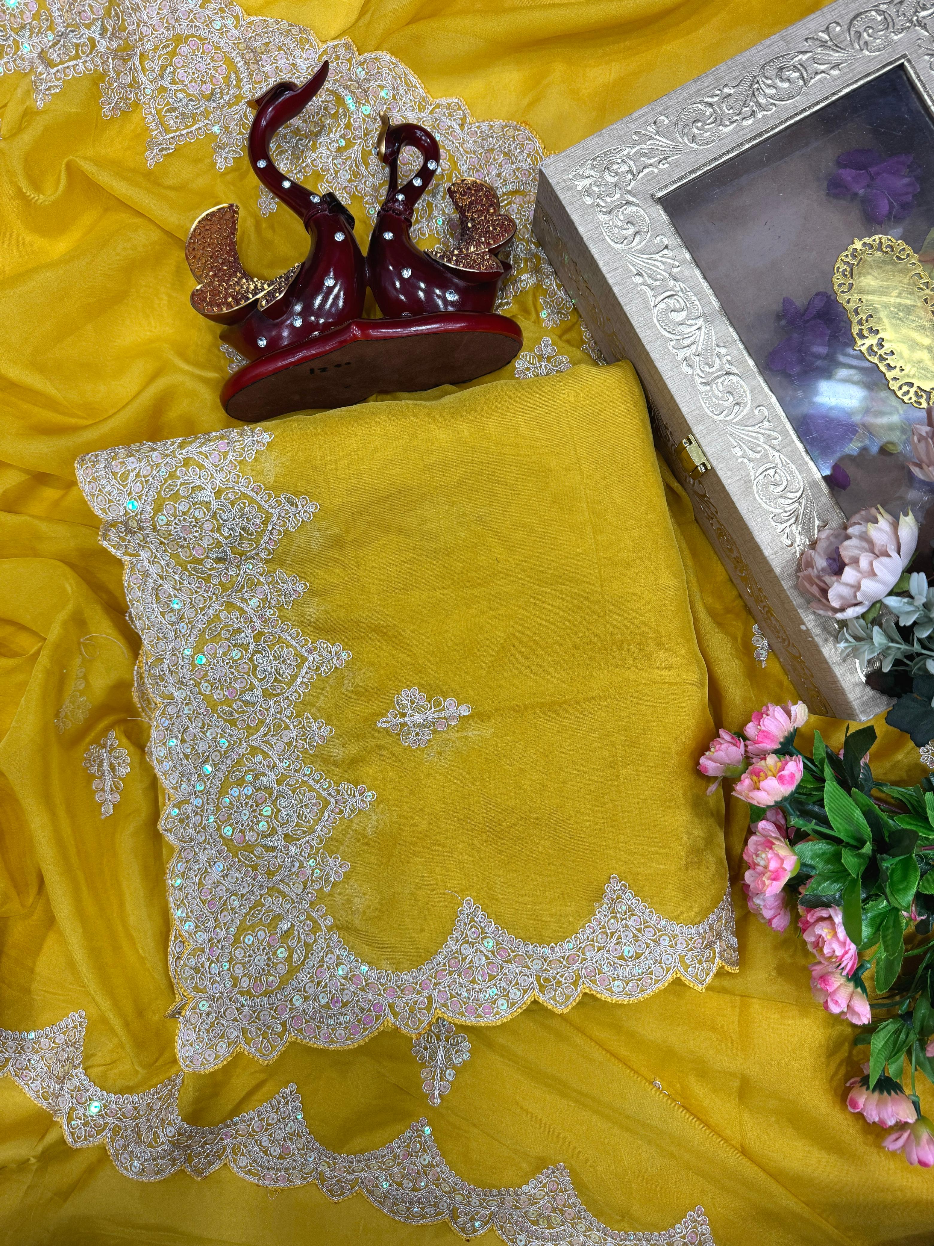 Bollywood Style Heavy Work Mustard Color Saree