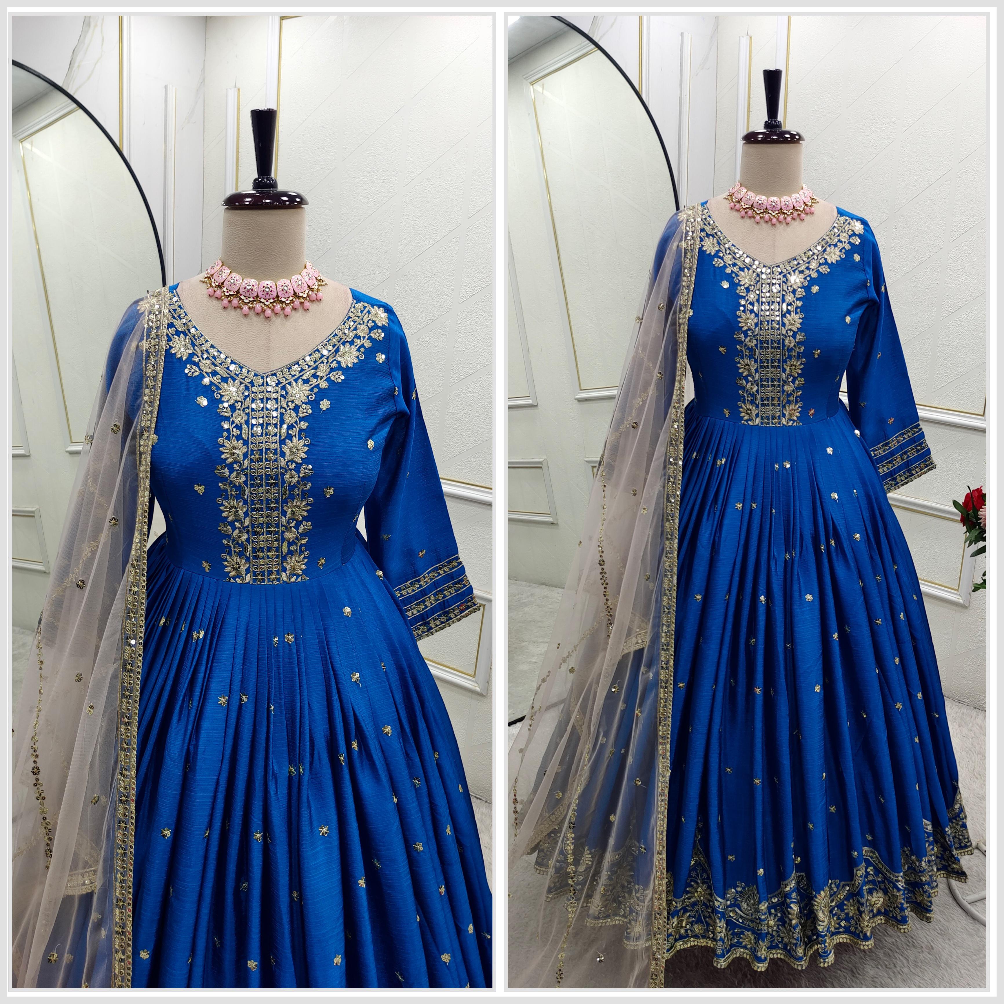 Blue Color Embroidery Work Long Gown With Net Dupatta