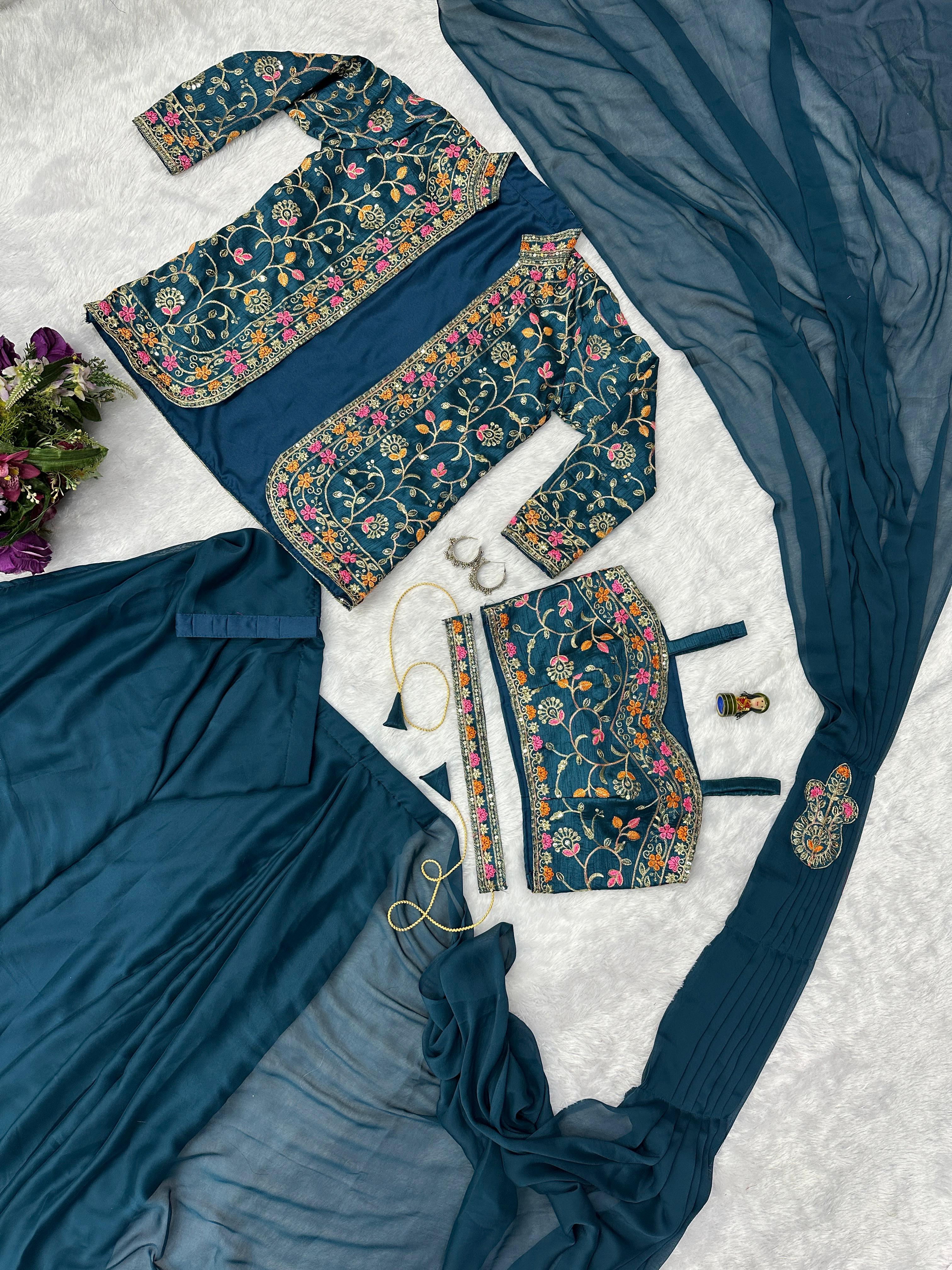 Wedding Wear Rangoli Silk Teal Blue Color Saree With Koti