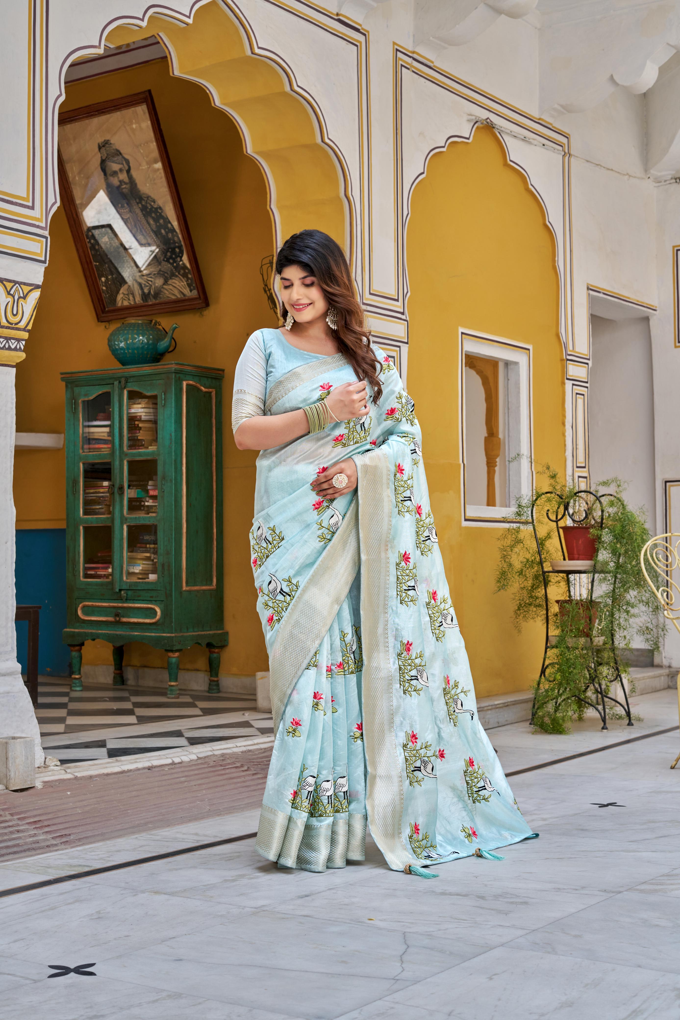 Attractive Embroidered Work Blue Color Saree