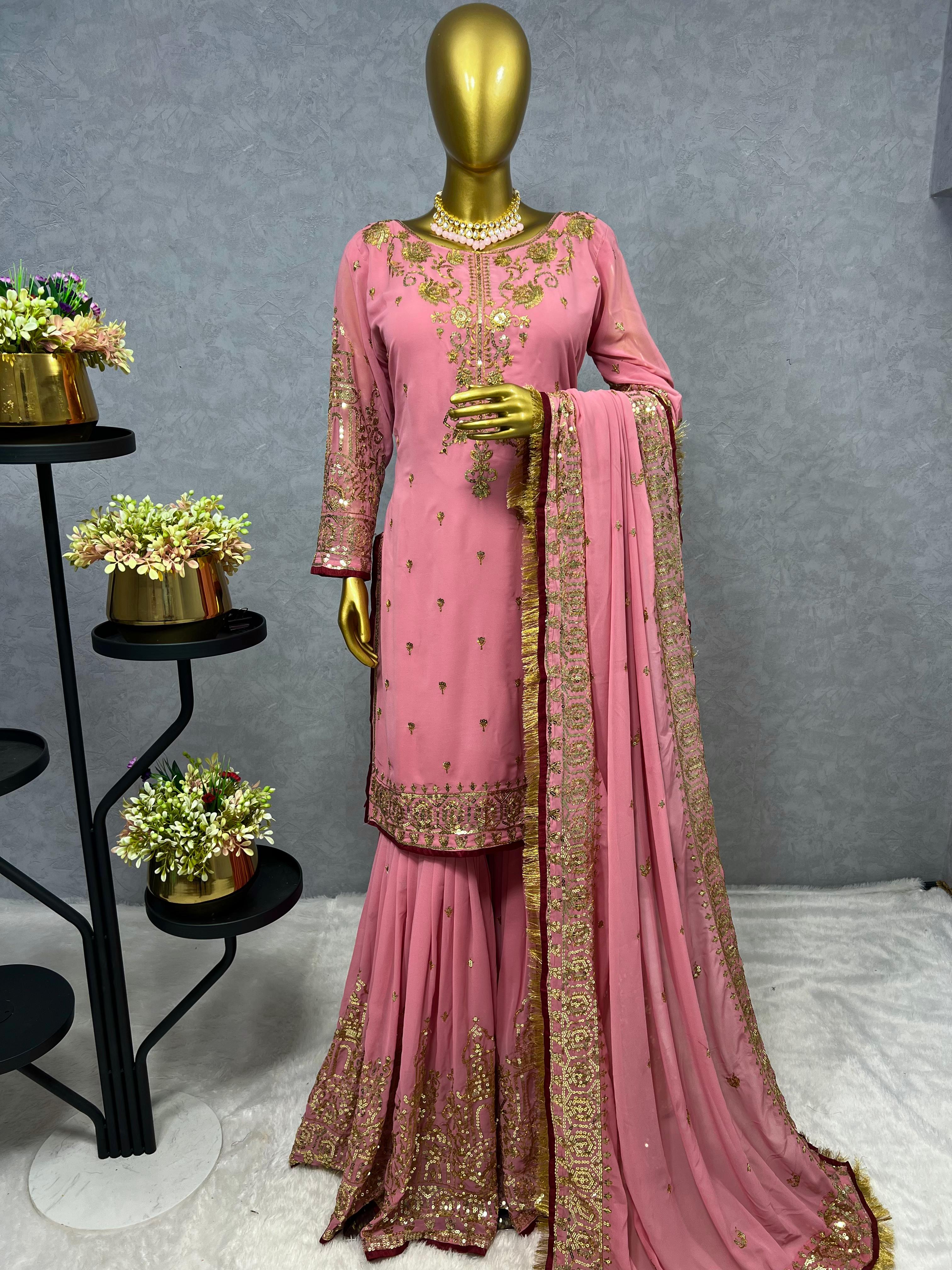 Good Looking Sequins Work Pink Color Top Sharara With Dupatta