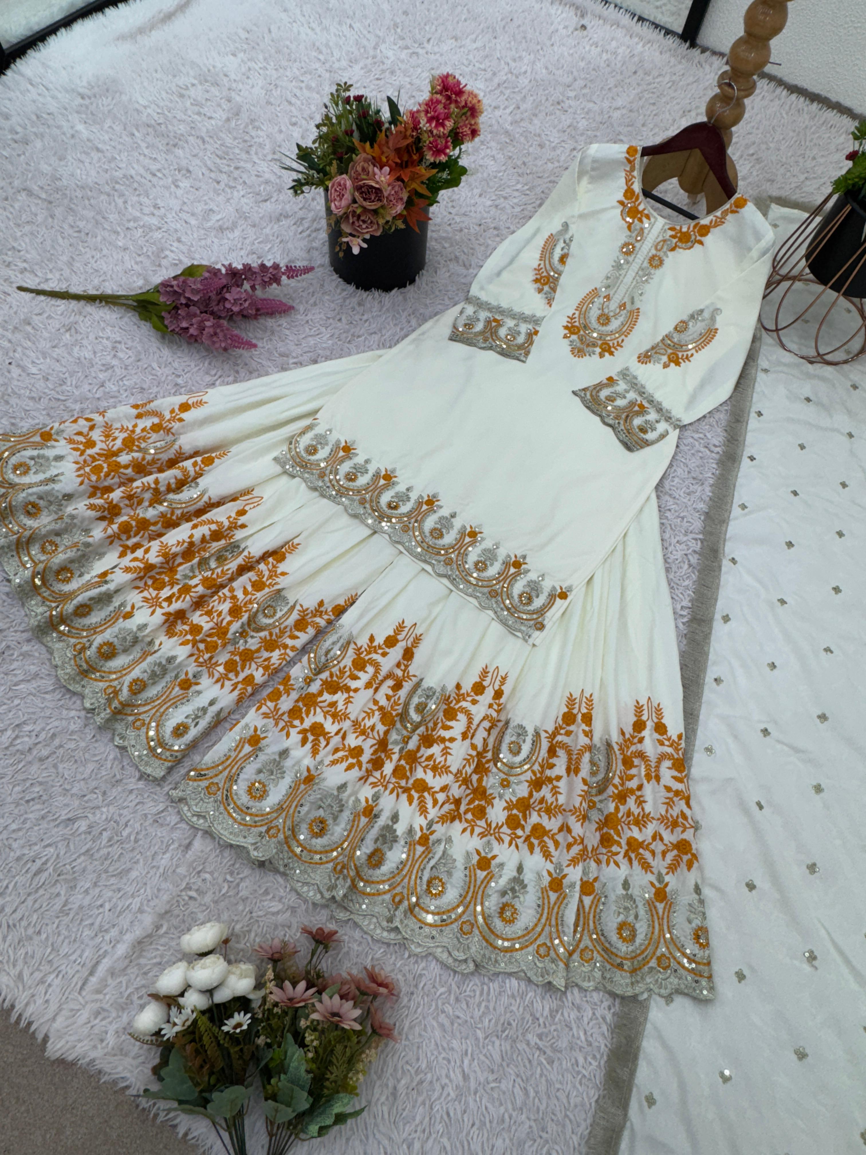 Festive Wear Embroidery Work White Color Sharara Suit