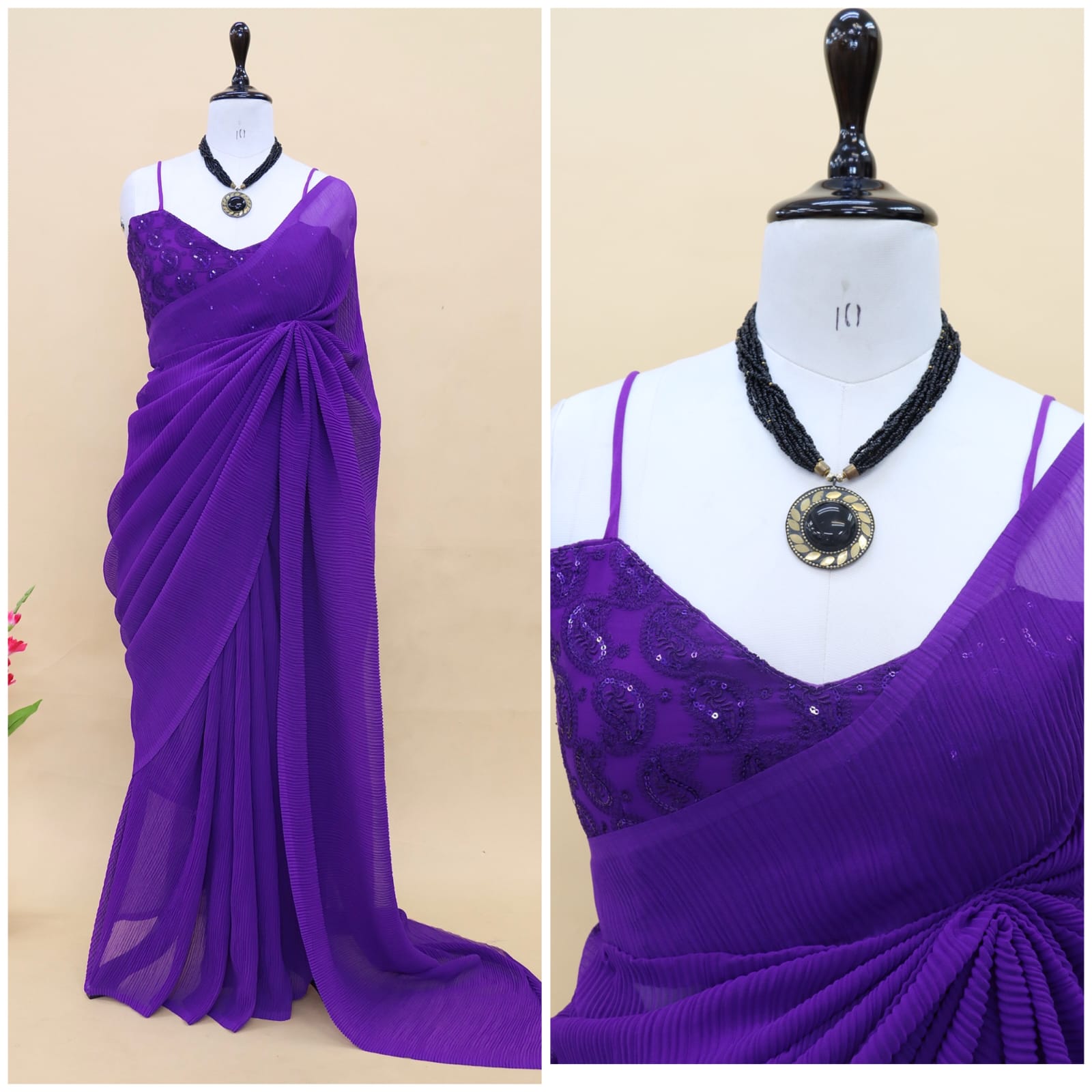 Plated Purple Color Saree With Beautiful Work Blouse