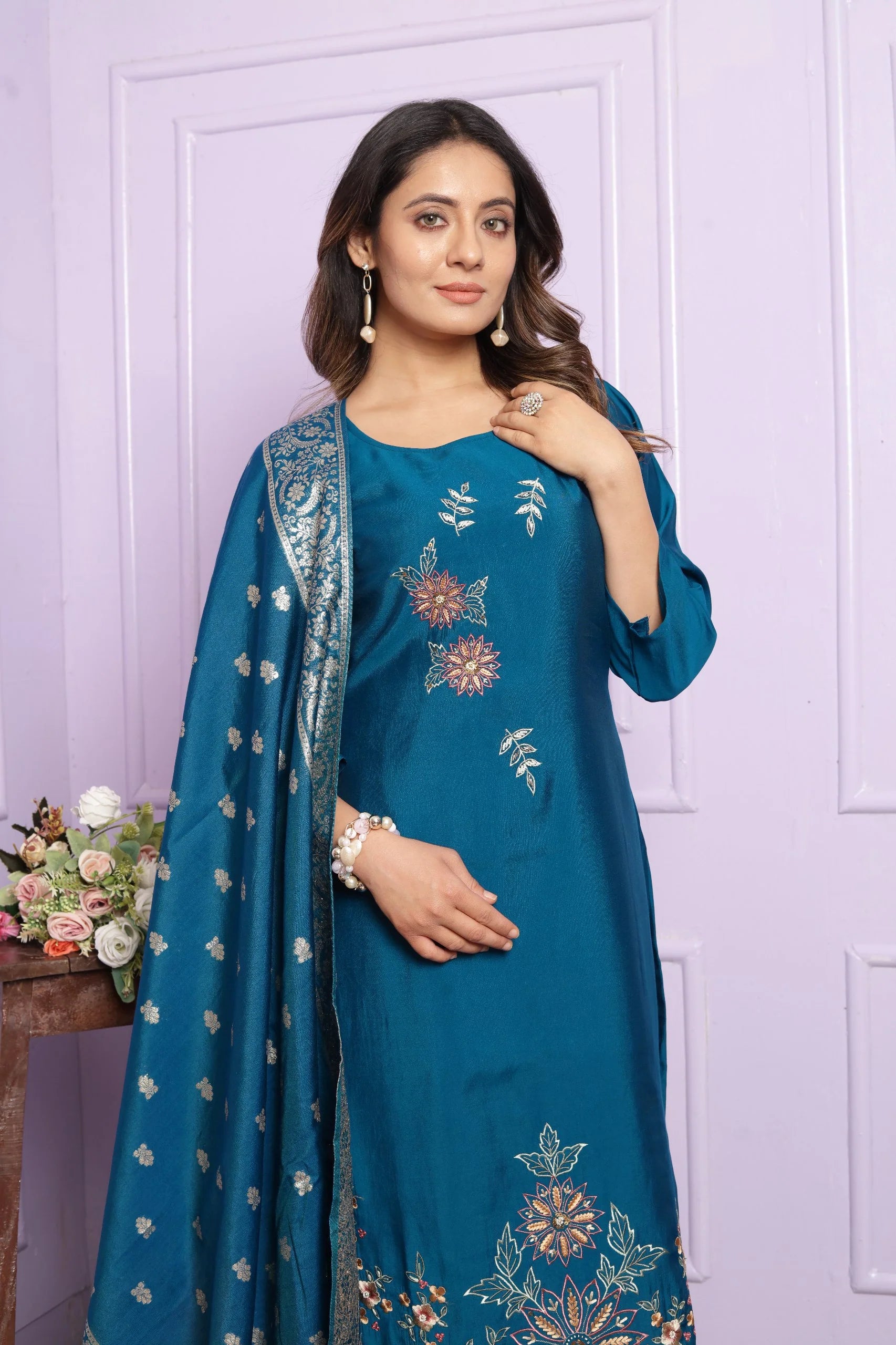 Elegant Rama Russian Silk Salwar Suit With Banarasi Dupatta