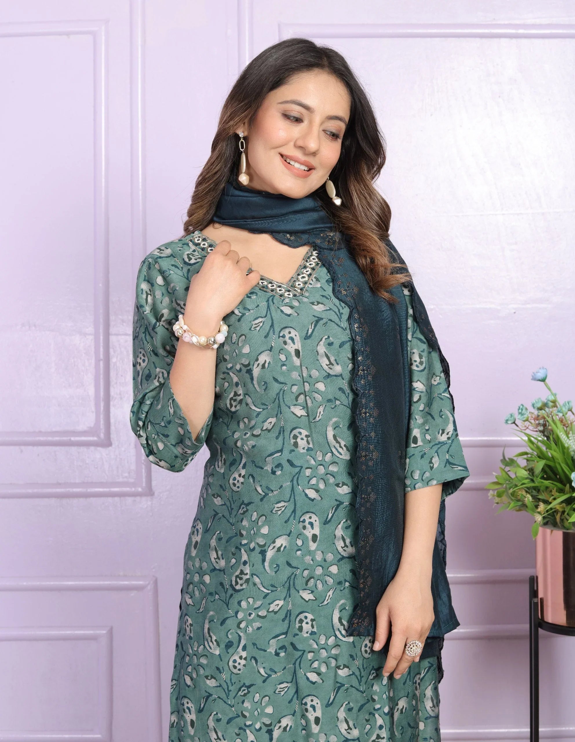 Casual Wear Teal Green Color V Neck Salwar Suit