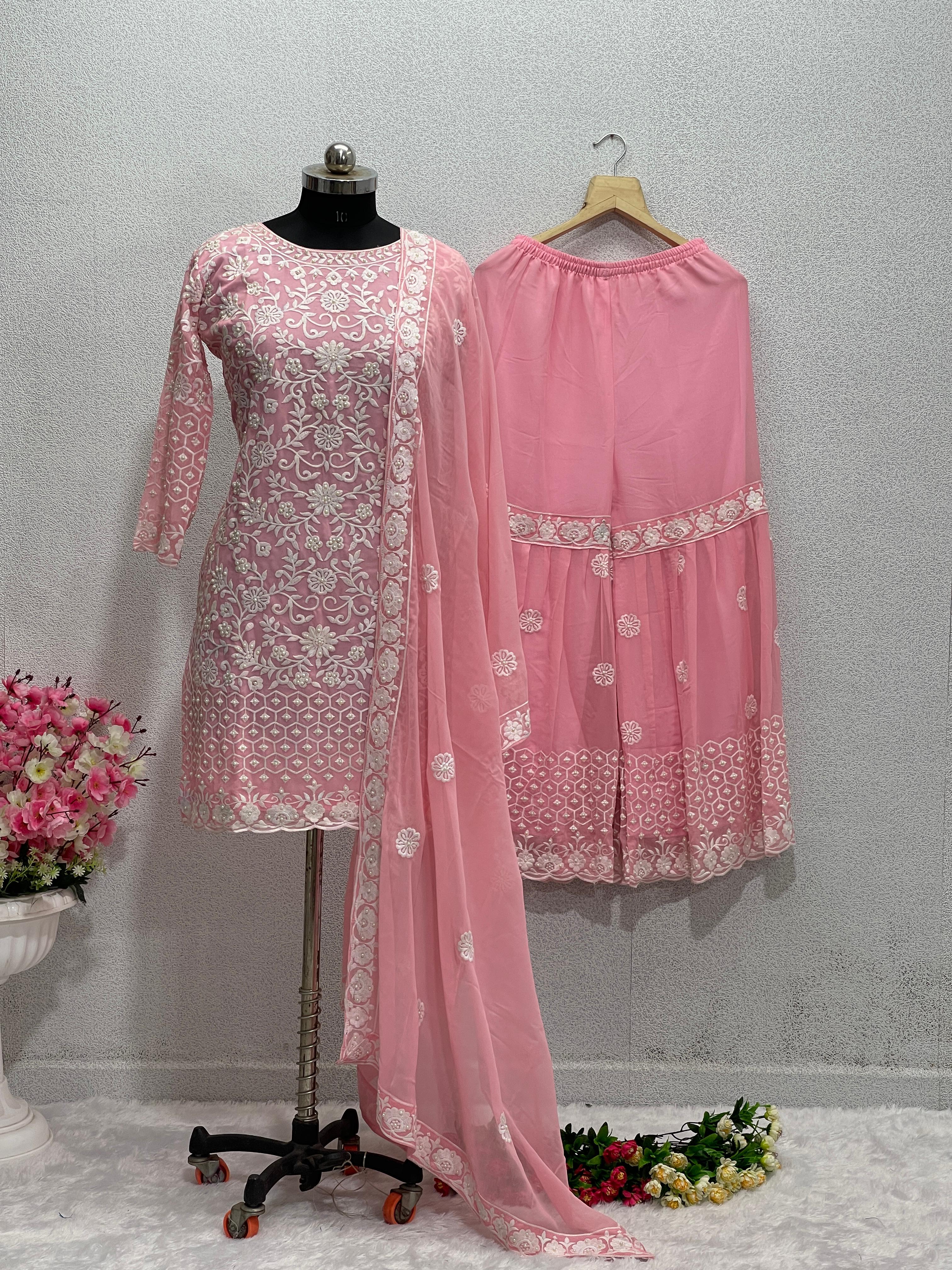 Amazing Baby Pink Color  Georgette Embroidery Work Sahara Suit