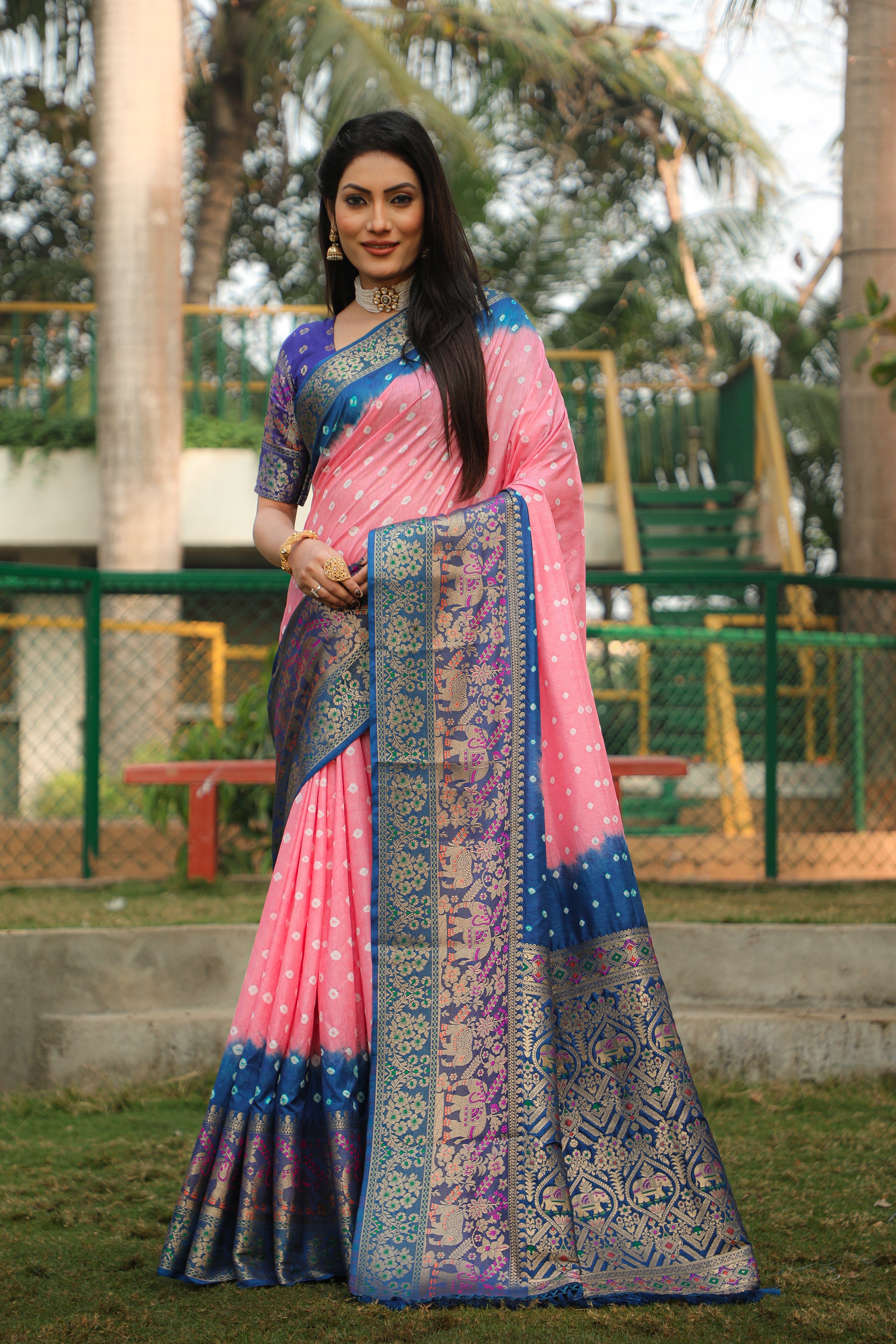 Bandhani Print Blue With Peach Zari Weaving Silk Saree