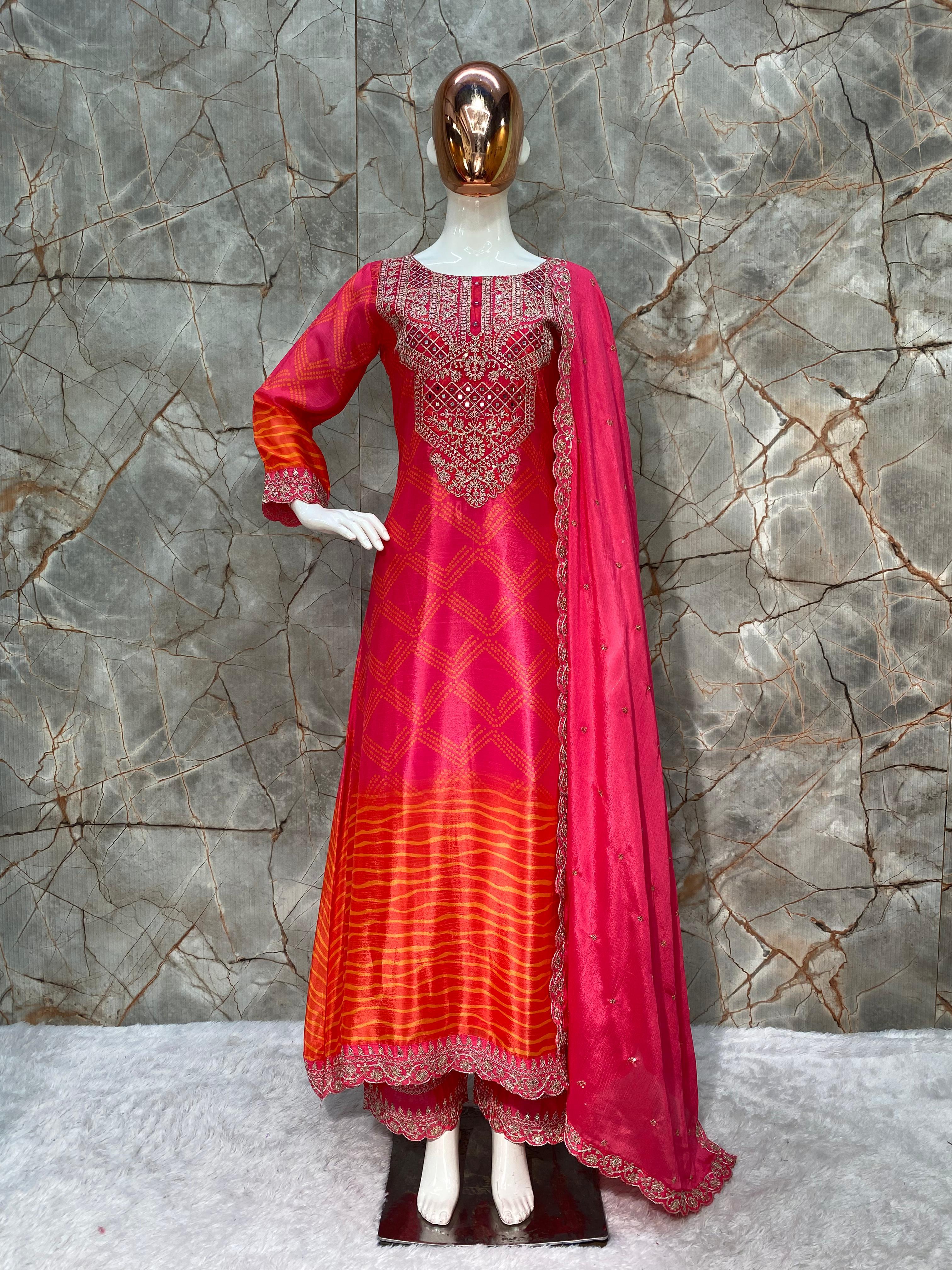 Delightful Sequence Work Pink Color Top Pant With Dupatta