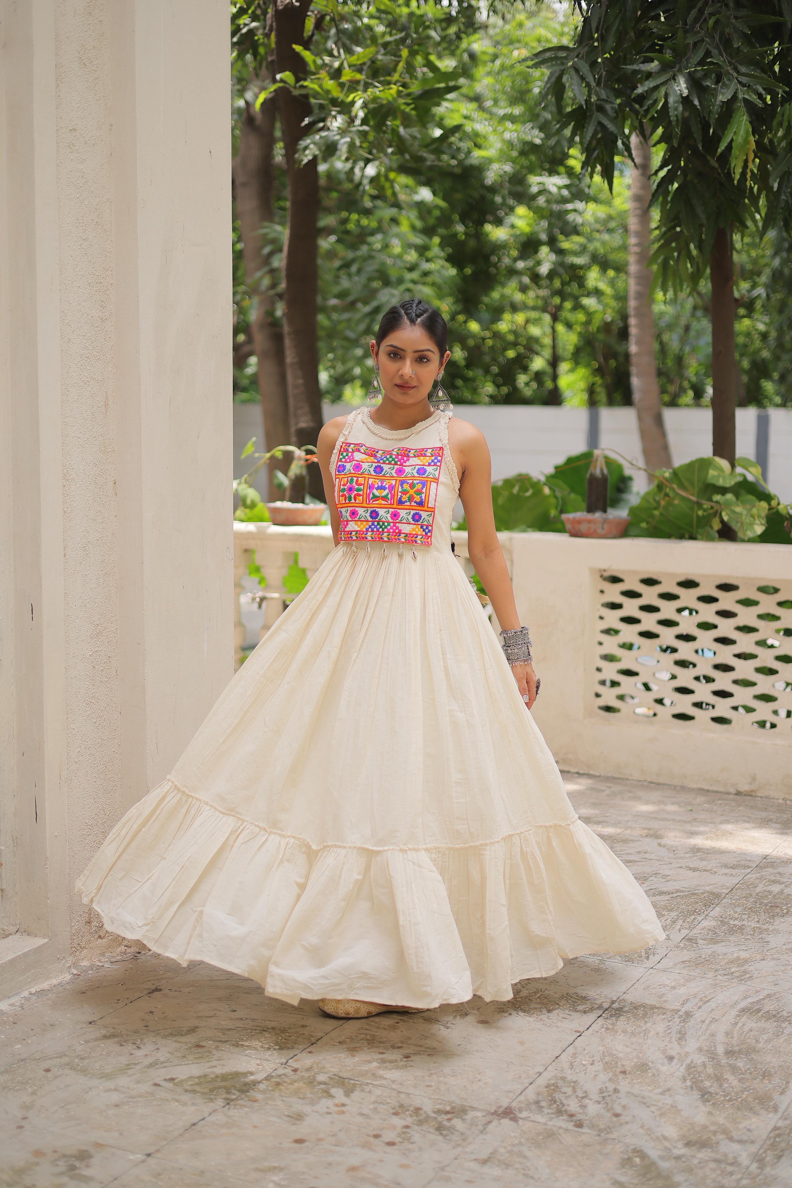 Stylish Off-White Cotton Embroidered Gown
