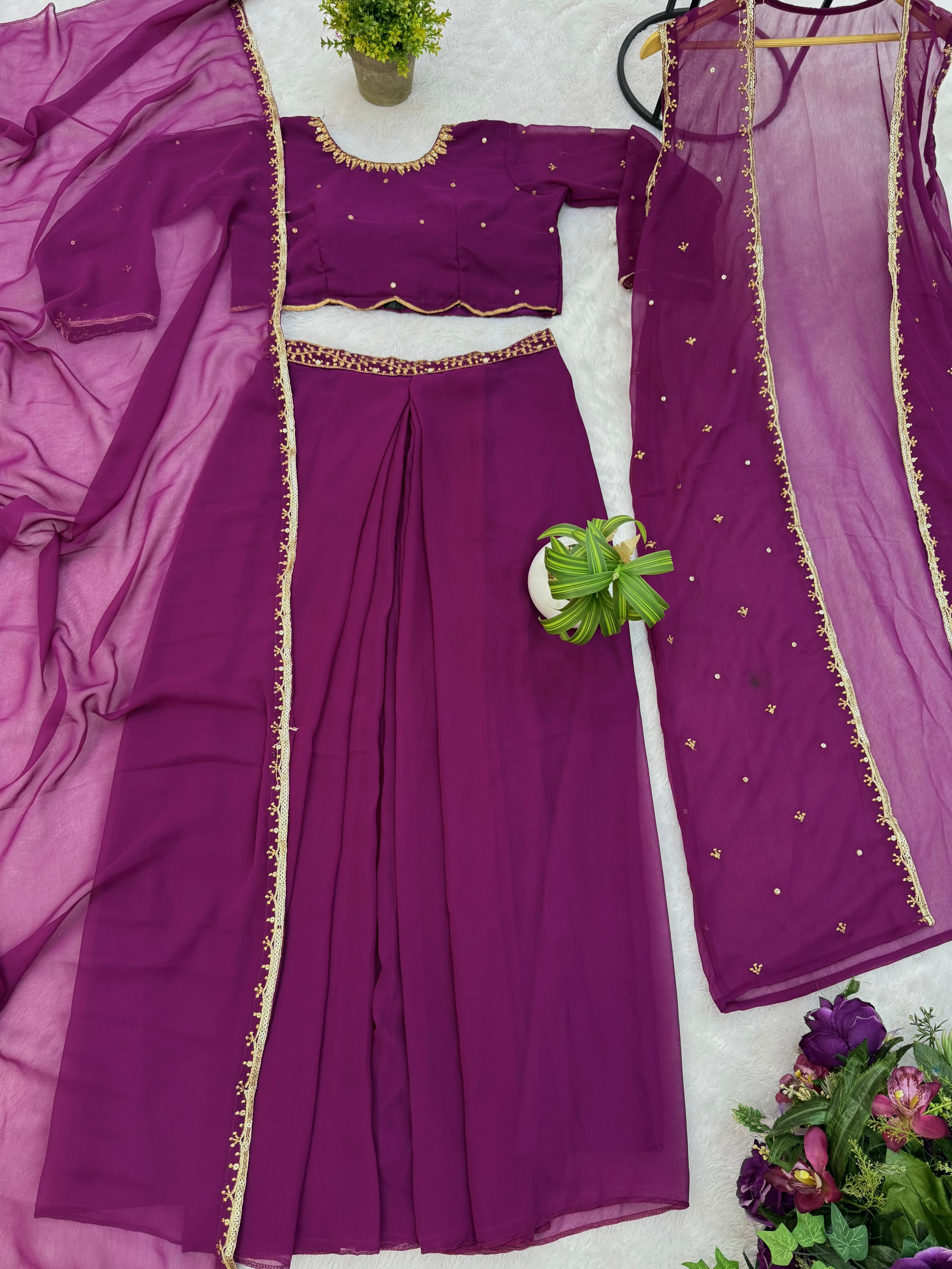 Awesome Purple Georgette Embroidery Lehenga Choli With Koti