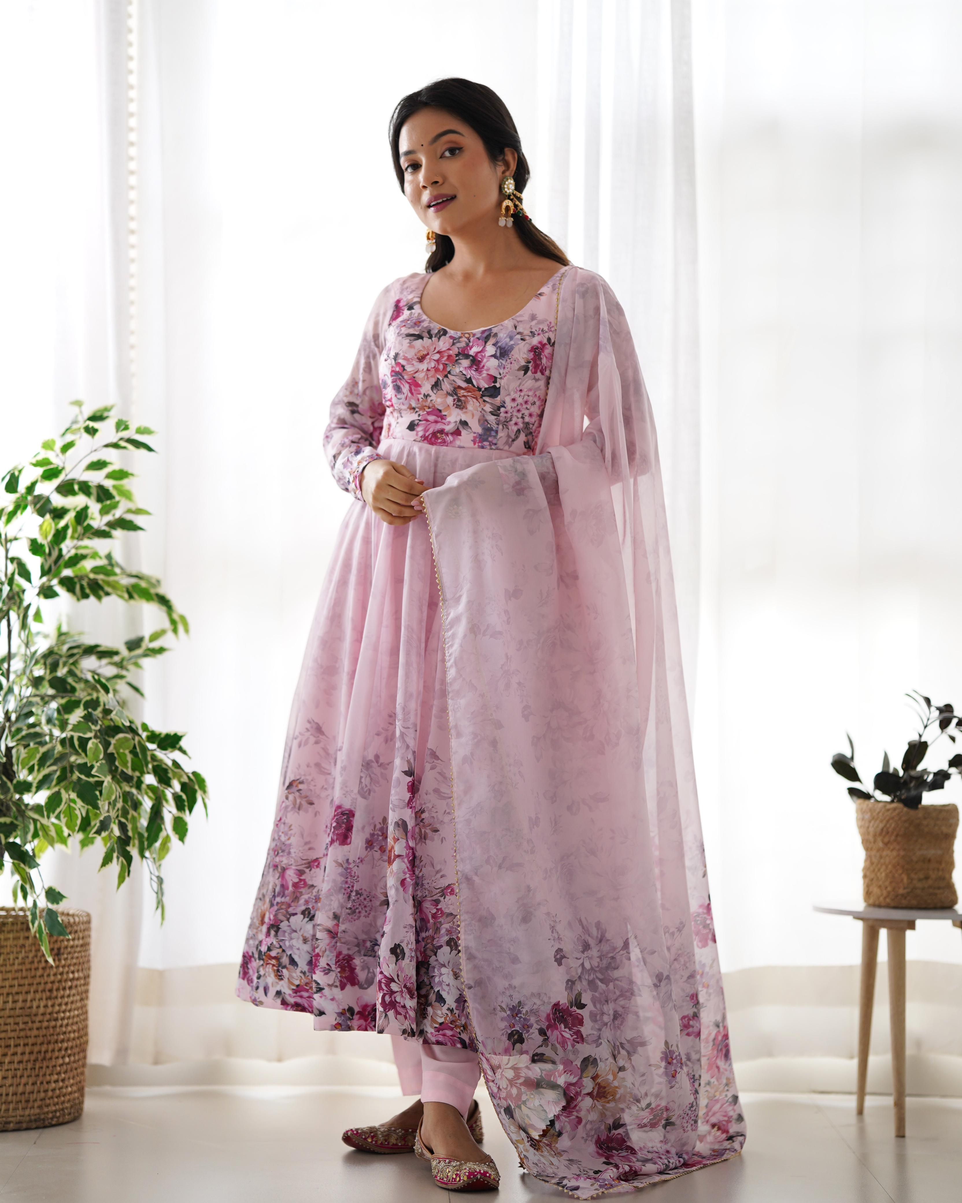 Casual Wear Multi Flower Print Light Pink Color Anarkali Suit