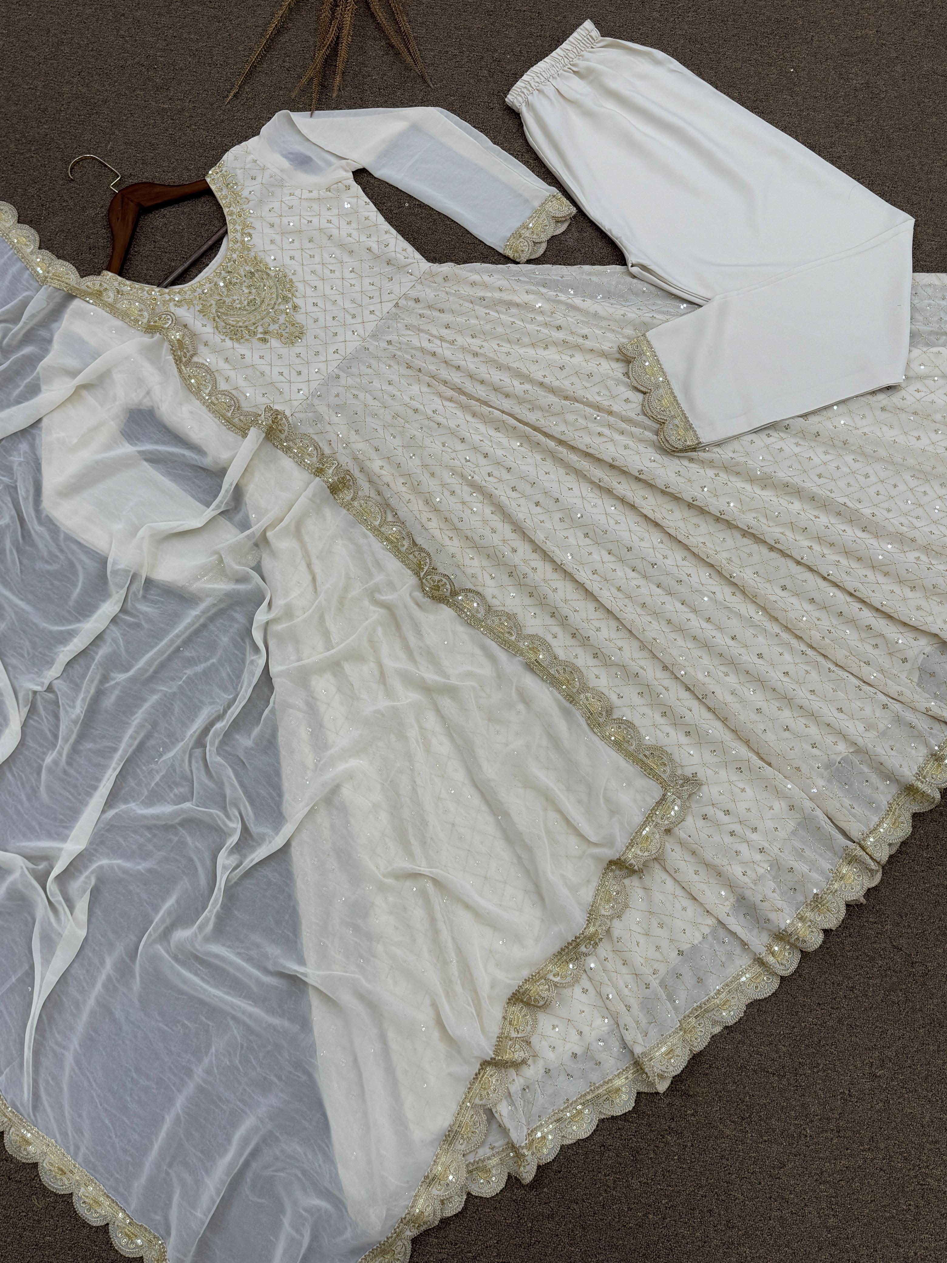 Alluring White Georgette Embroidery Work Gown
