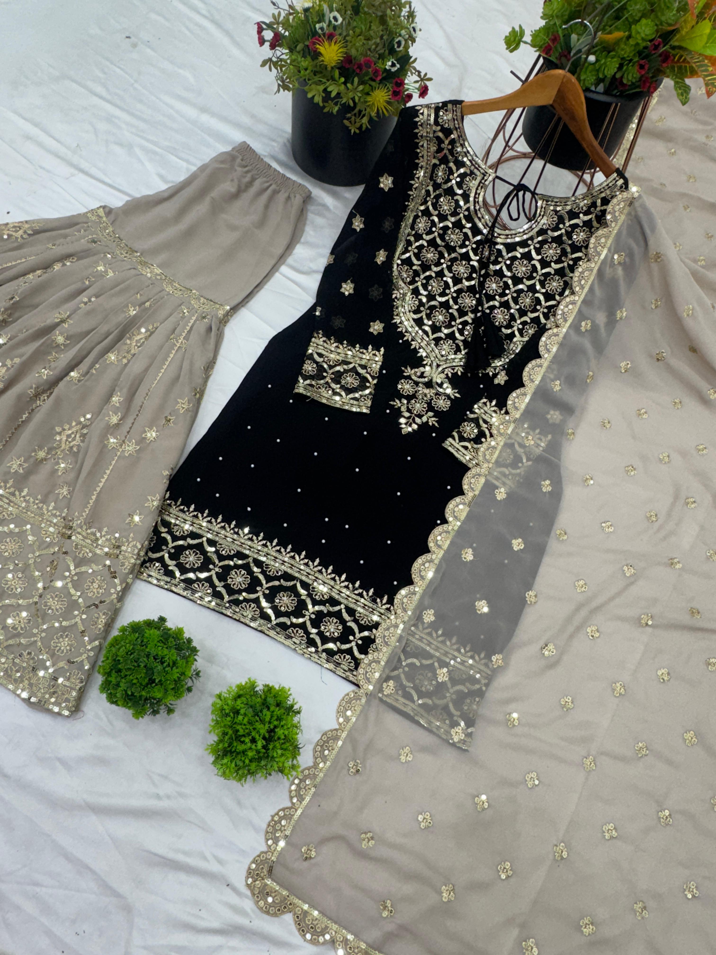 Presenting Embroidery Sequence Work Black Color Sharara Suit