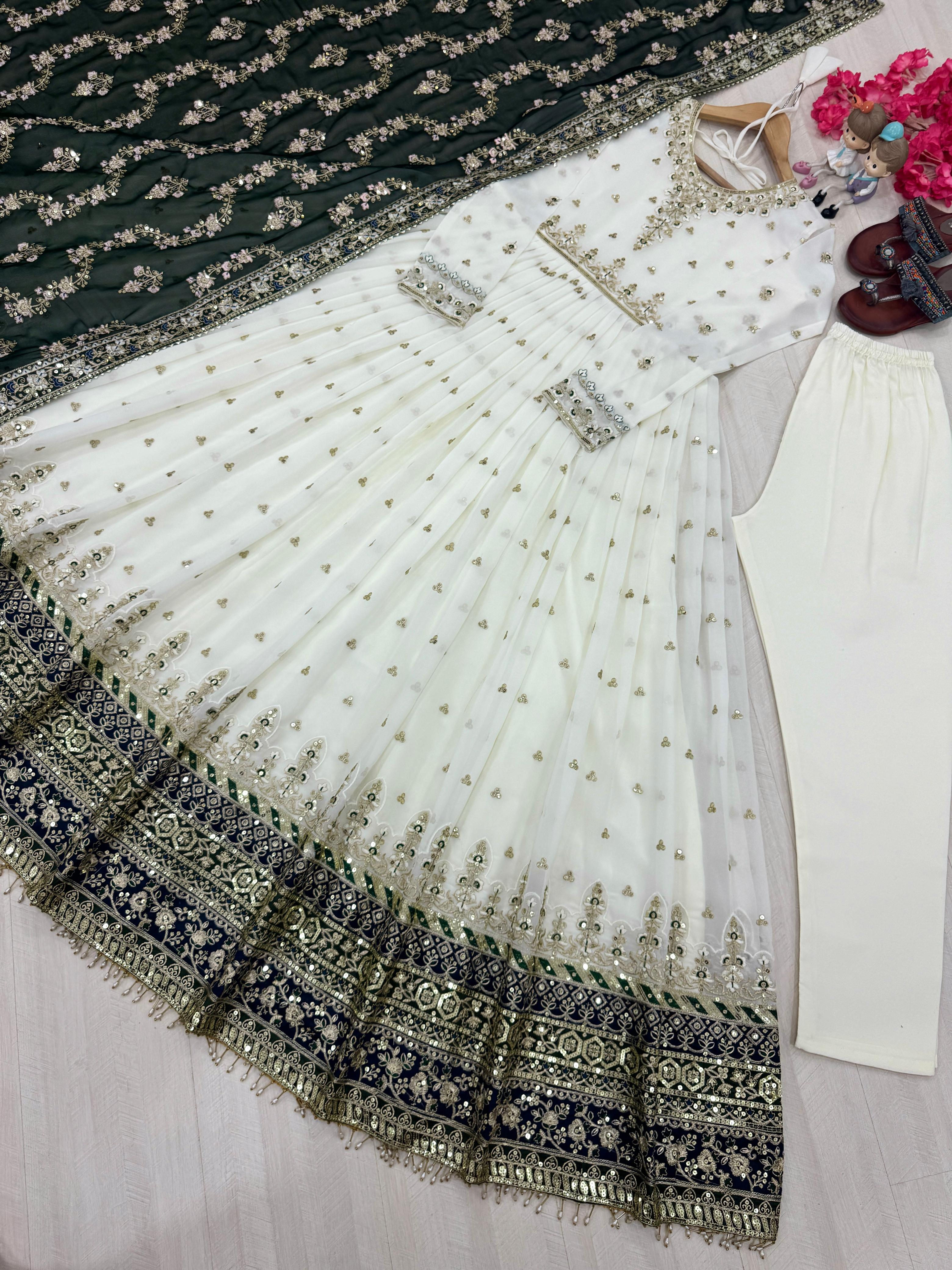 Glorious Georgette White Color Gown With Green Dupatta