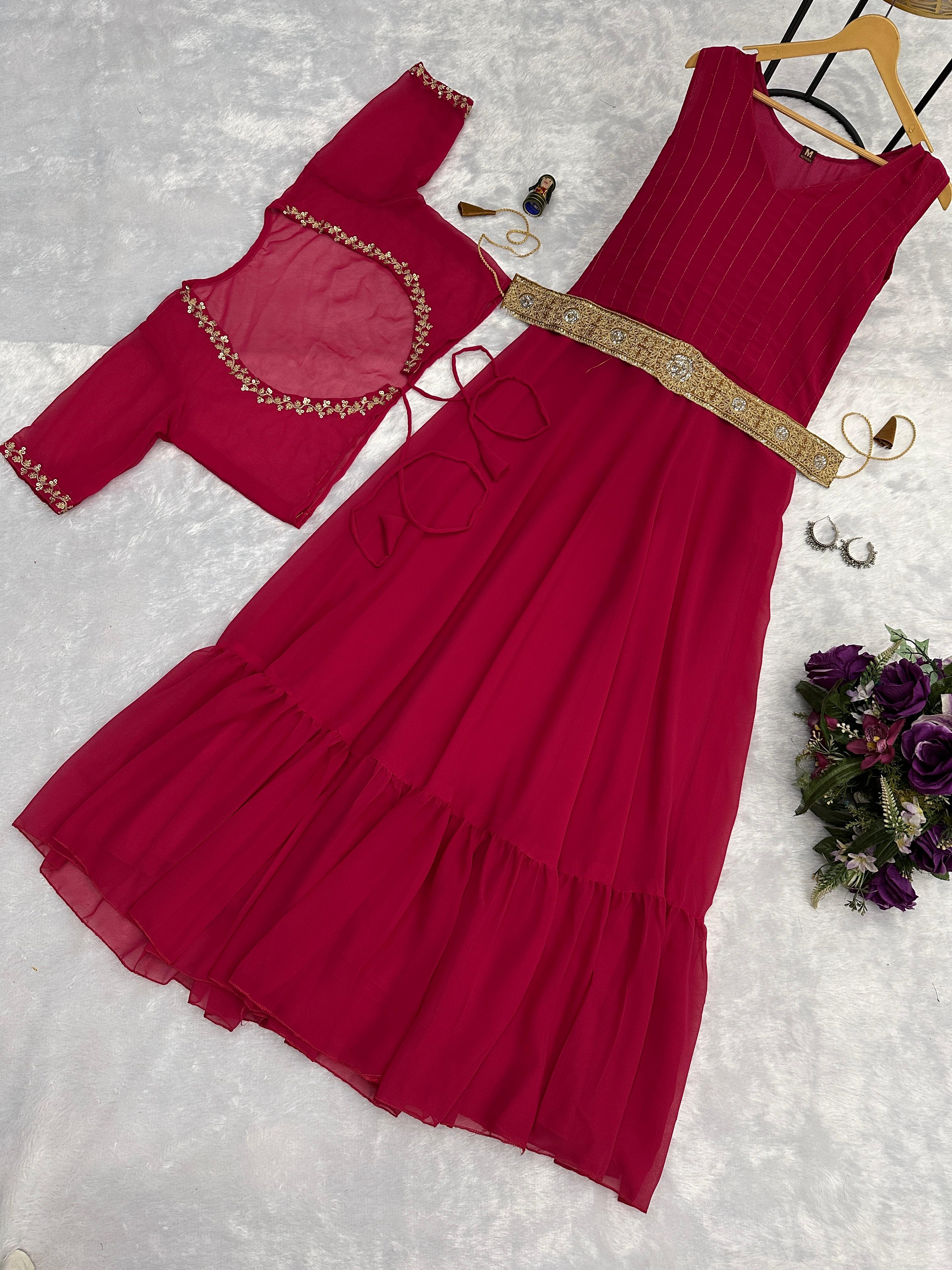 Designer Georgette Red Color Gown With Koti