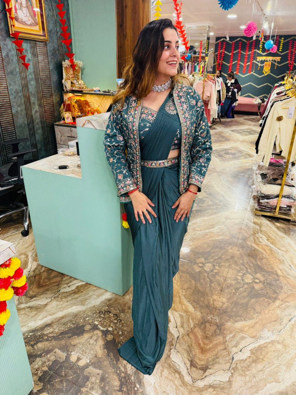 Wedding Wear Rangoli Silk Teal Blue Color Saree With Koti