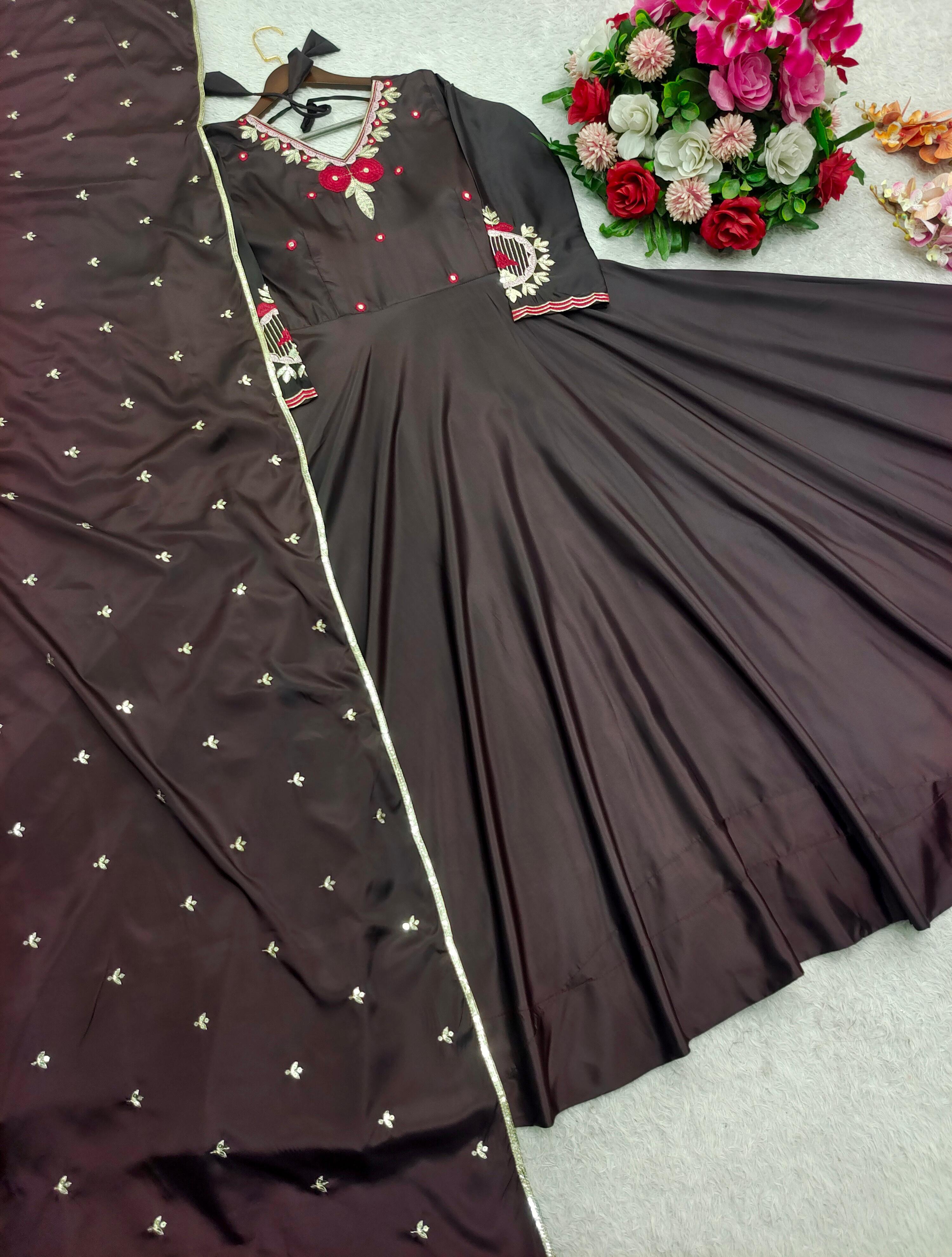 Alluring Brown Satin Silk Sequence Work Gown
