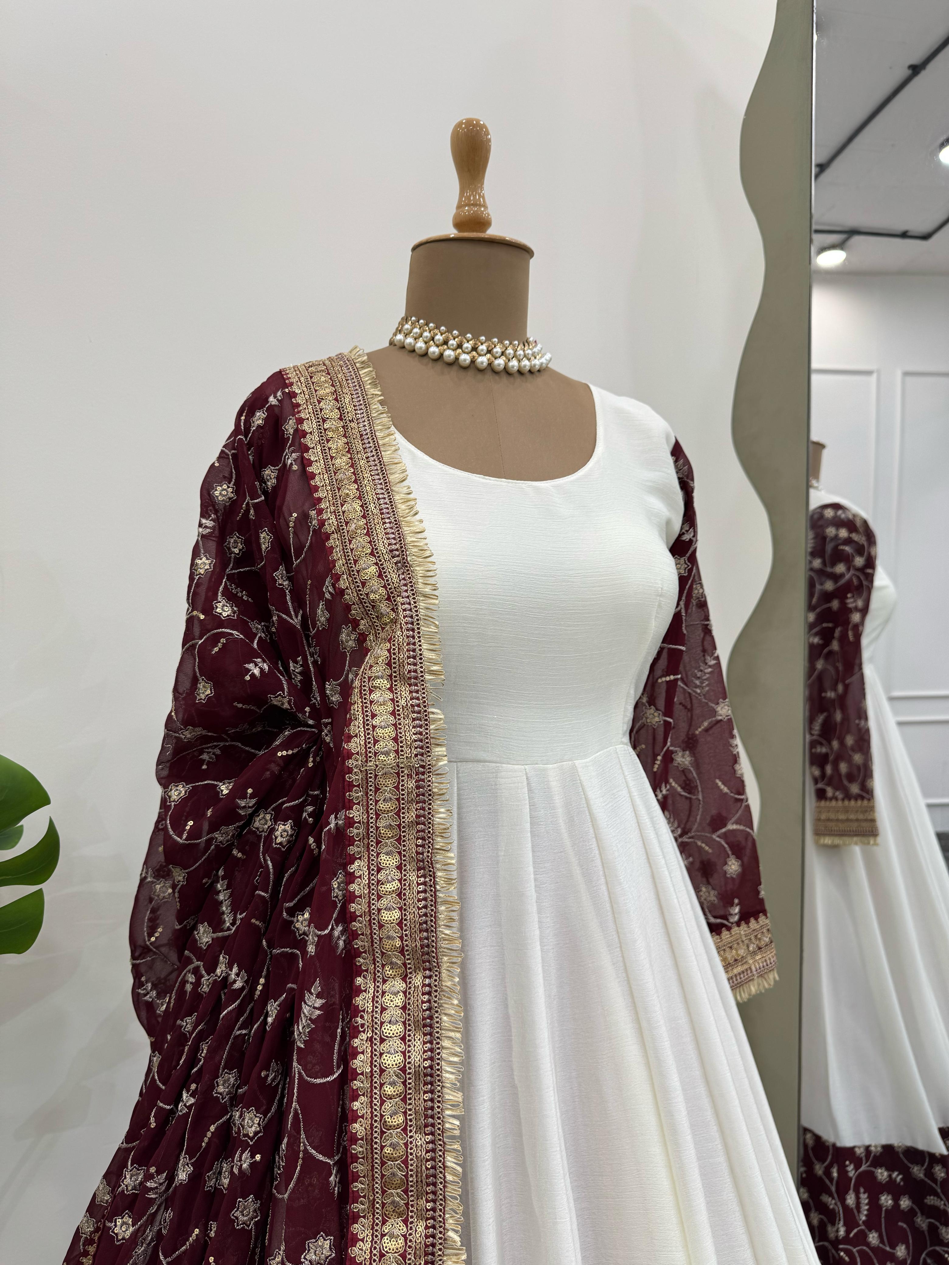 Peaceful Chinon Sequence Work White Color Gown