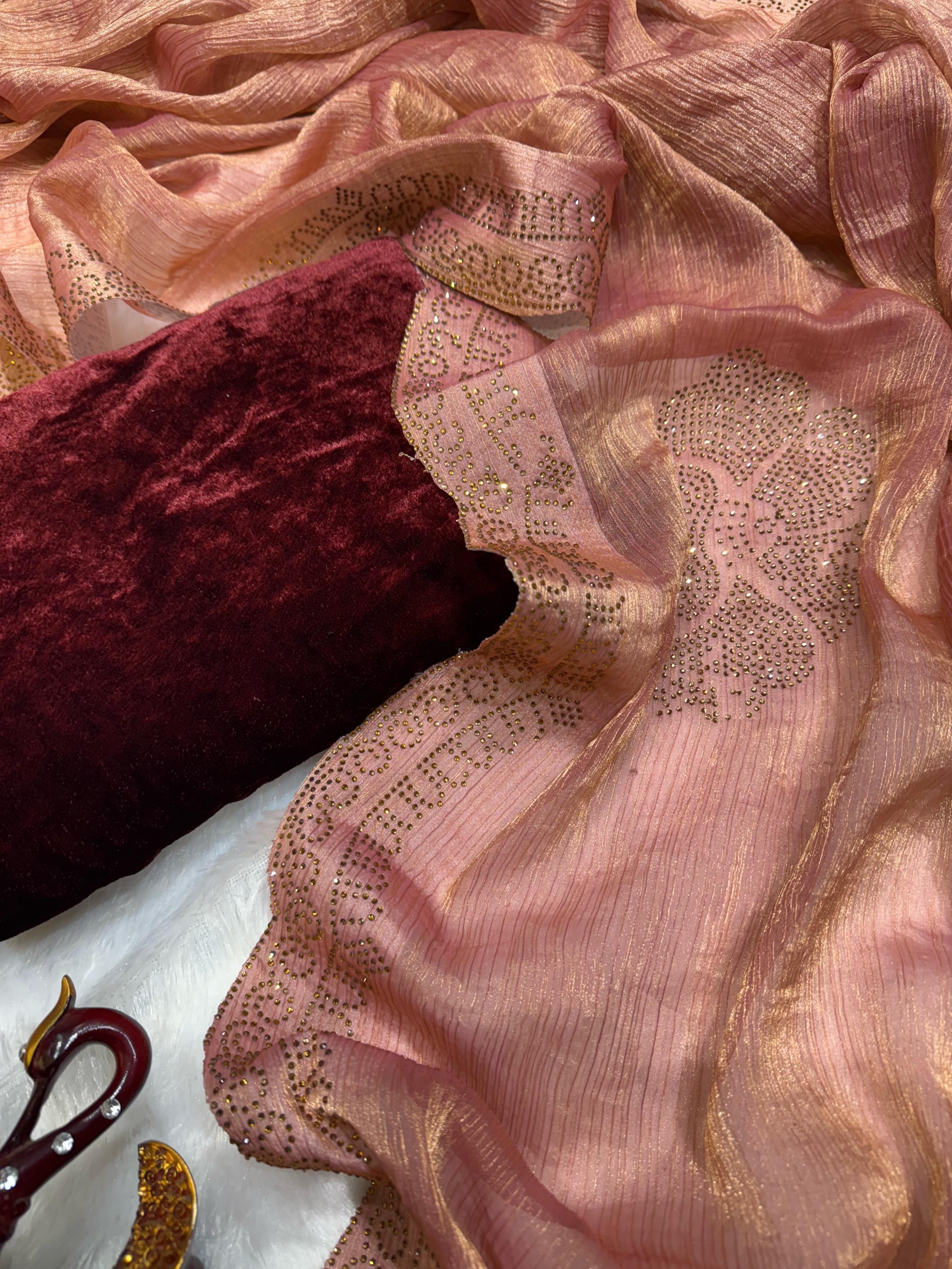 Ravishing Chiffon Silk Diamond Work Peach Color Saree