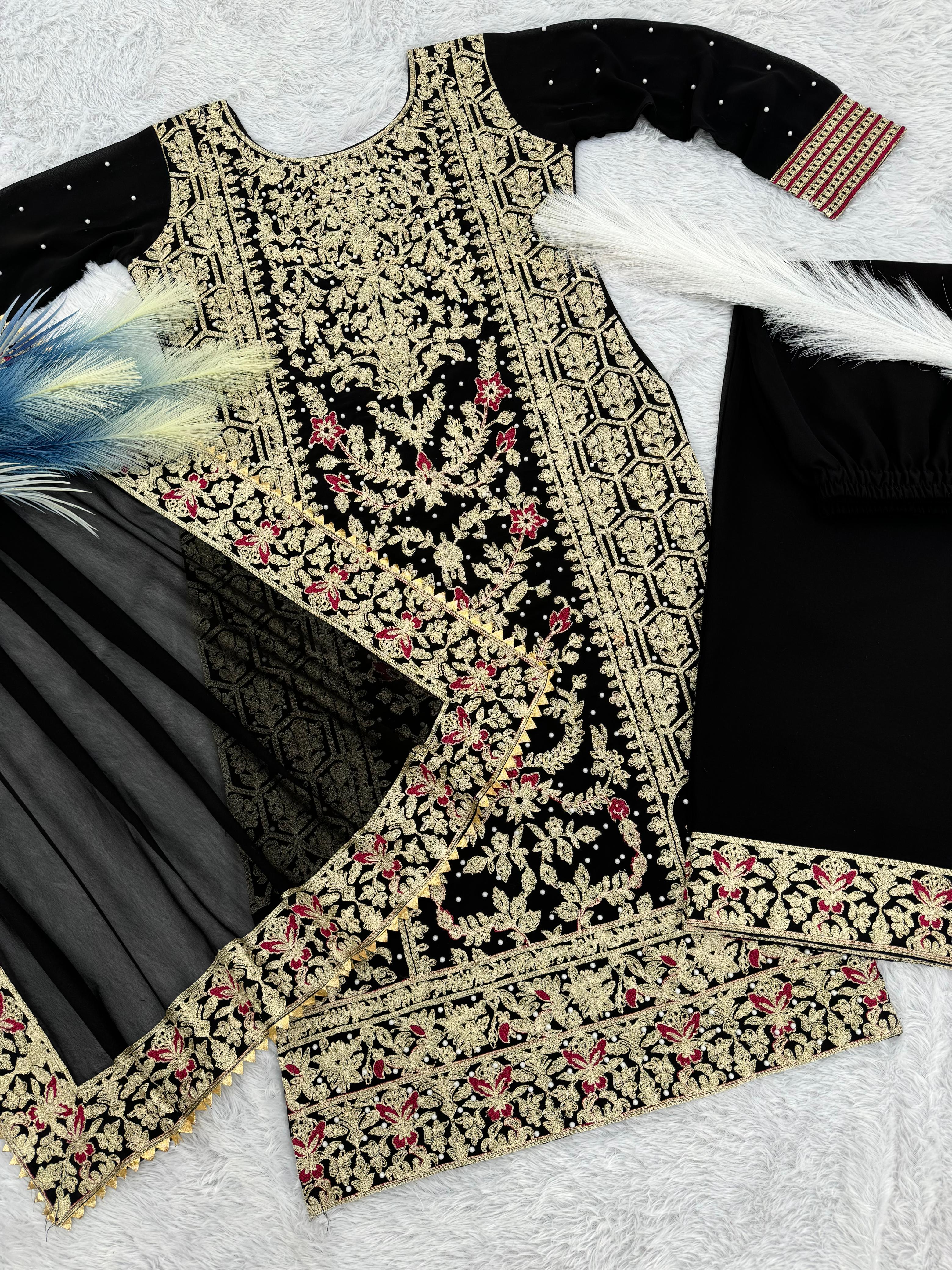 Pattern Wedding & Party Wear Moti Work Black Color Sharara Suit
