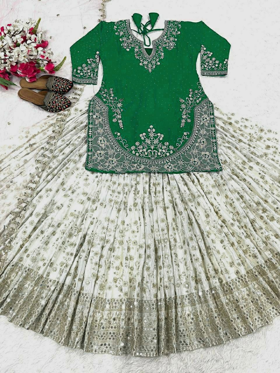 Traditional Wear Embroidery Work Green Color Top With Lehenga