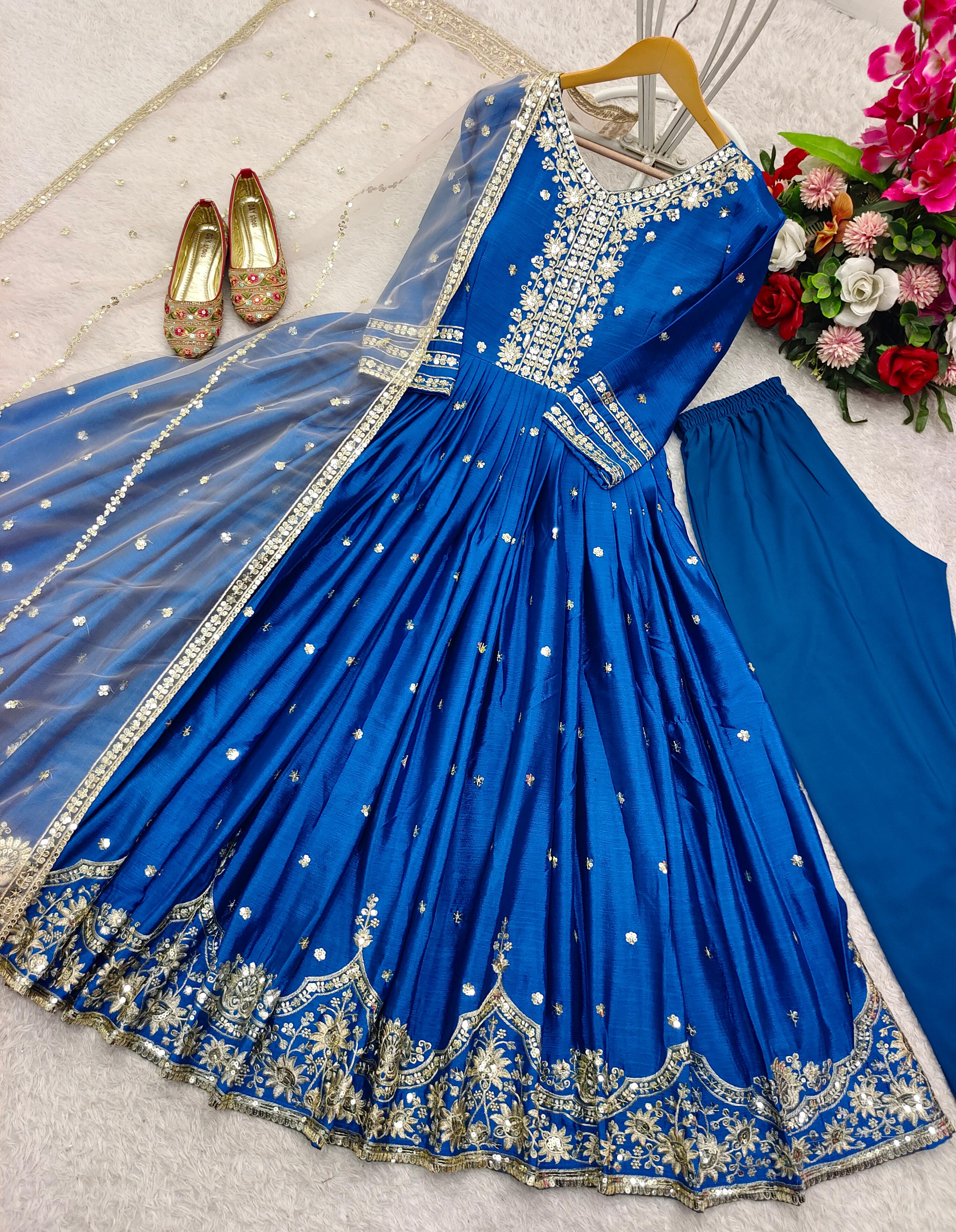Blue Color Embroidery Work Long Gown With Net Dupatta