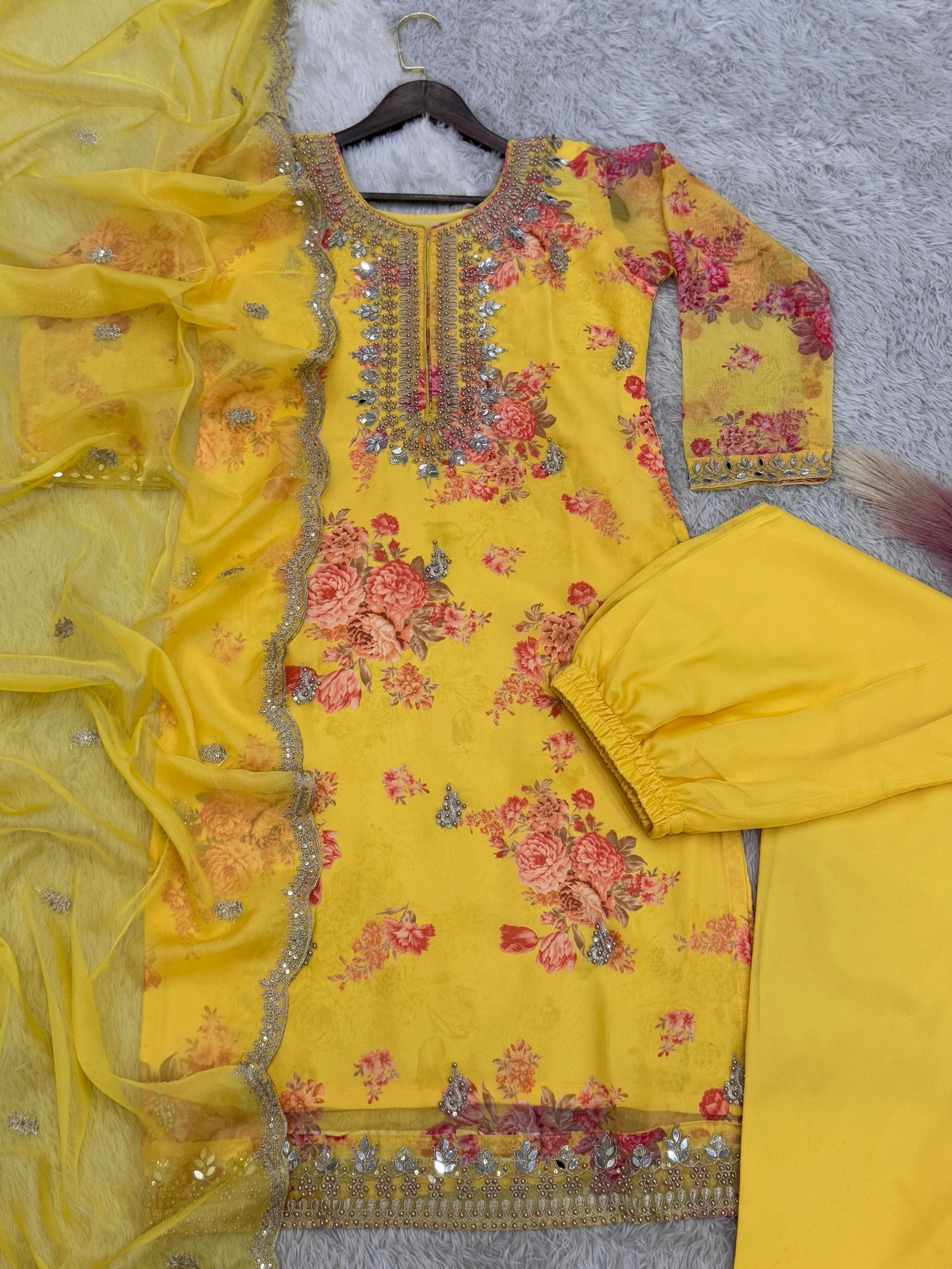 Flattering Sequence Heavy Stone Mirror Hand Work Yellow Color Palazzo Suit