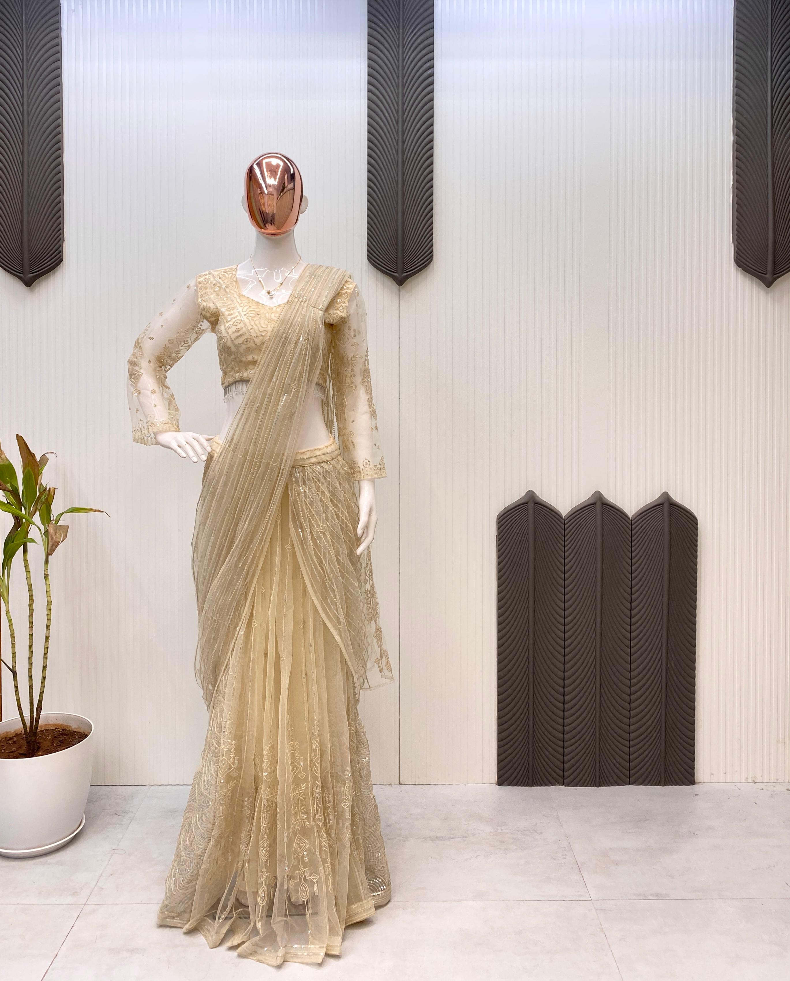 Beige Color Butterfly Net Ready To Wear Saree