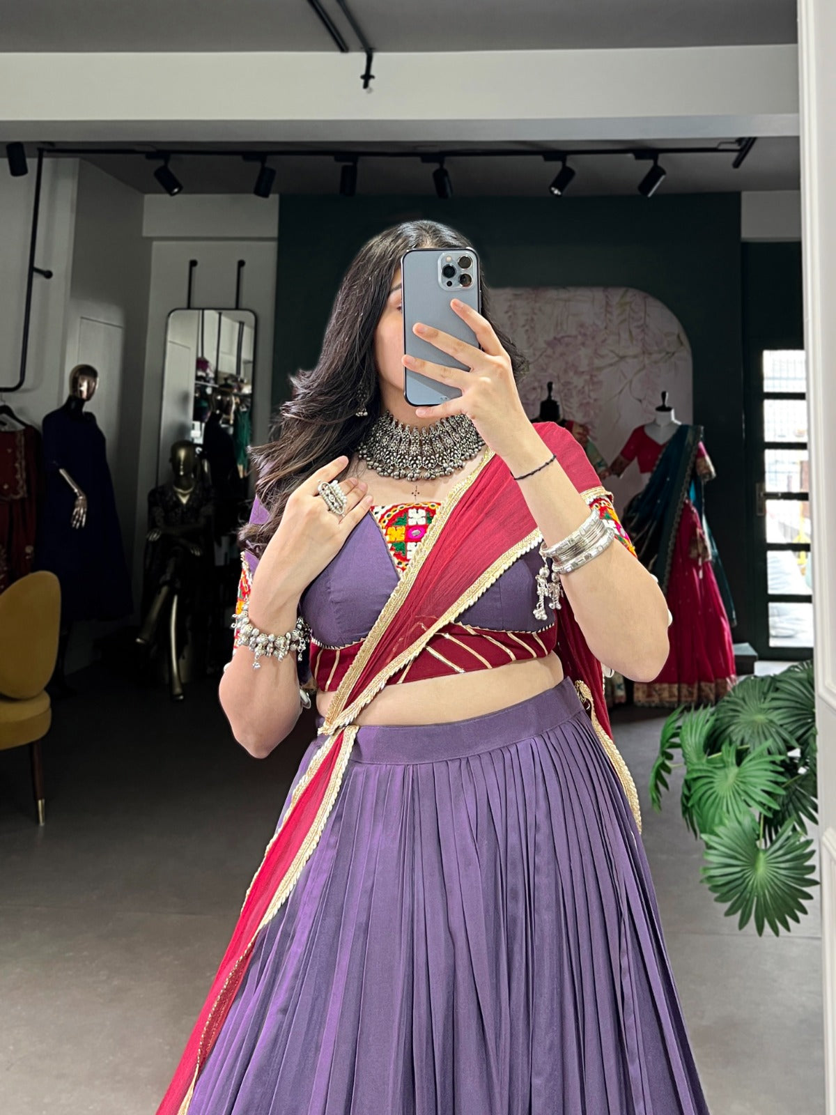 Purple Color Navratri Special Embossed Design Lehenga Choli