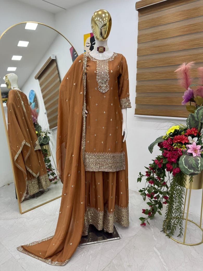 Brown Color Heavy Work Chinon Silk Palazzo Suit