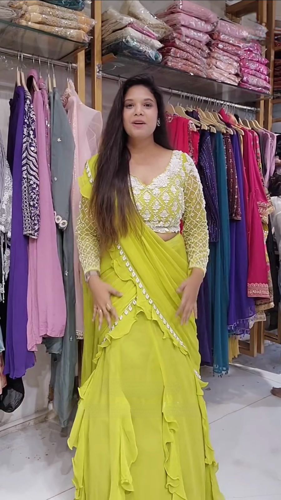 Beautiful Lemon Color Ready To Wear Lehenga Saree