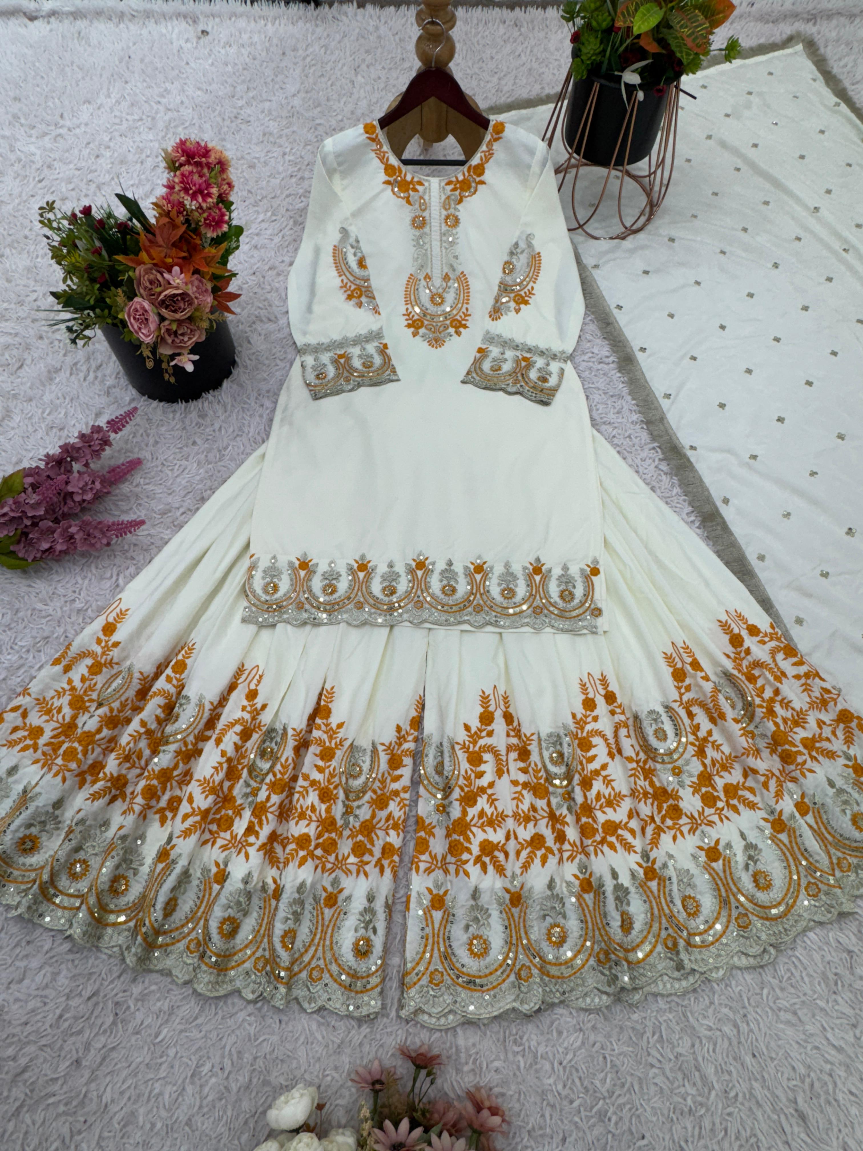 Festive Wear Embroidery Work White Color Sharara Suit