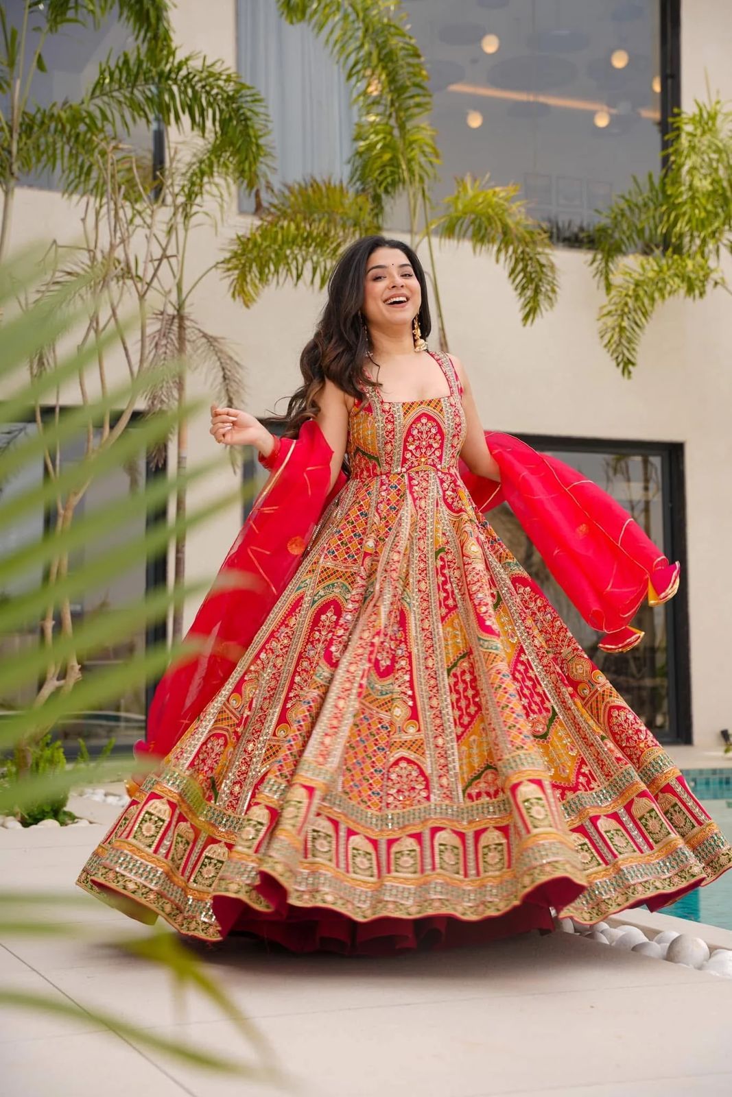 Alluring Red Organza Printed Anarkali Gown